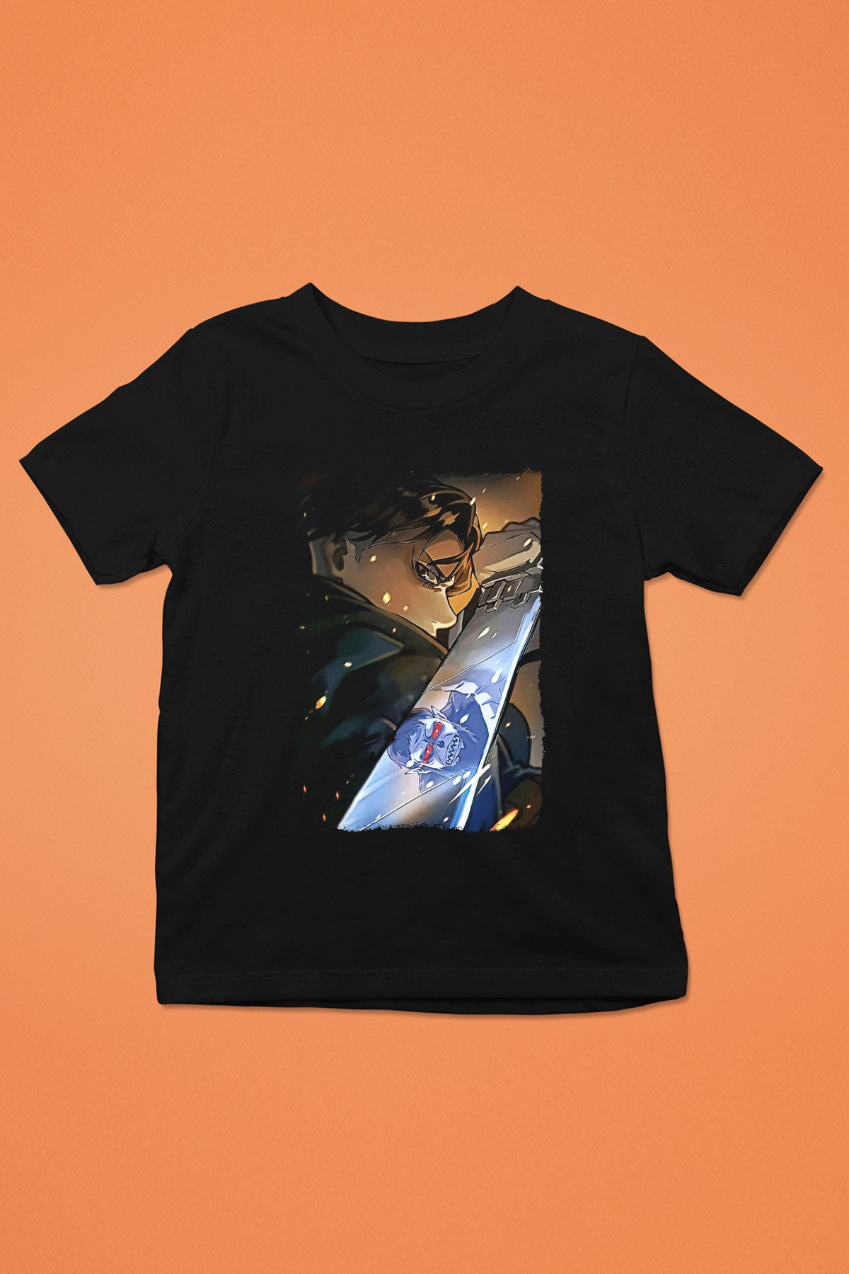 Attack On Titan Baskılı Unisex Siyah Çocuk Tişört - Tshirt