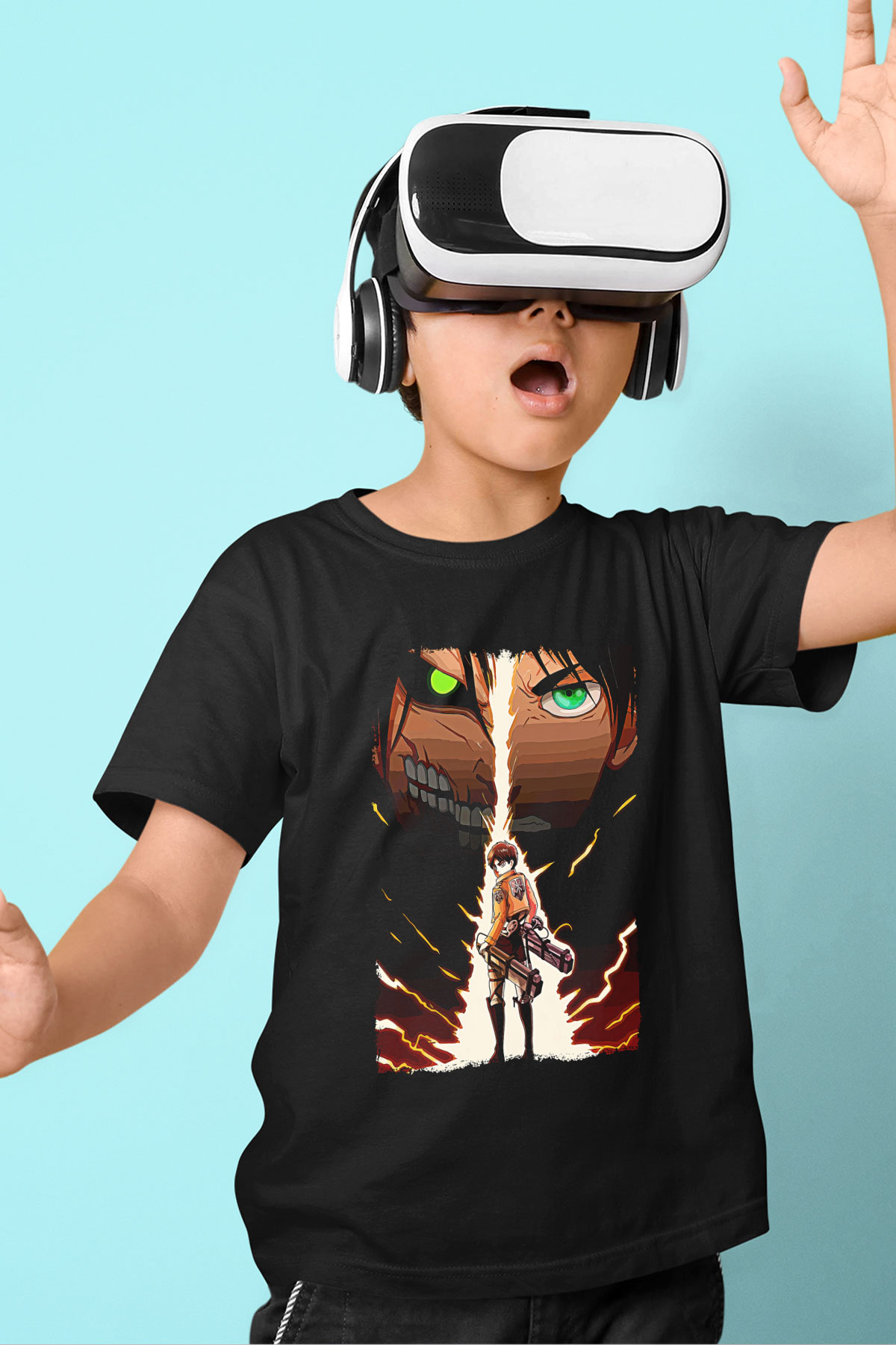 Attack On Titan Baskılı Unisex Siyah Çocuk Tişört - Tshirt