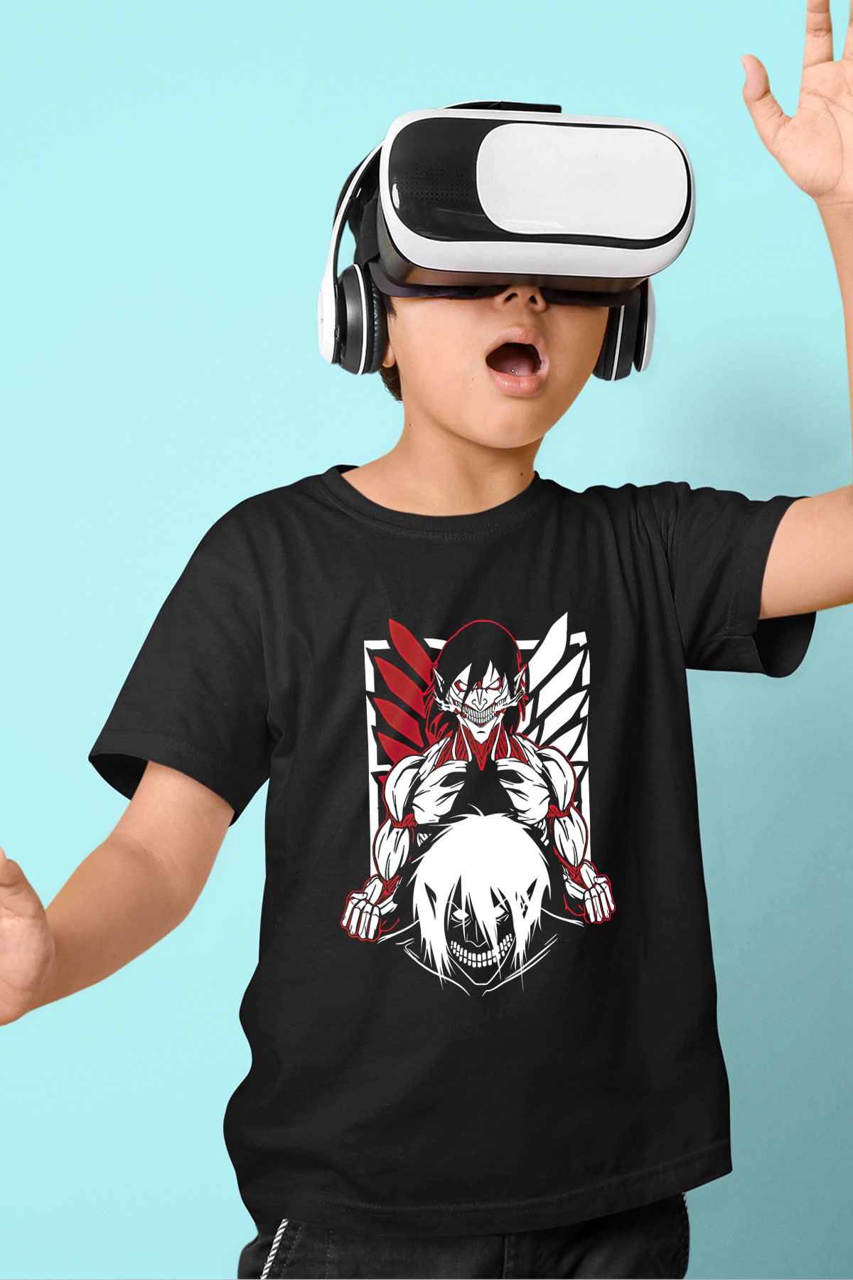 Attack On Titan Baskılı Unisex Siyah Çocuk Tişört - Tshirt