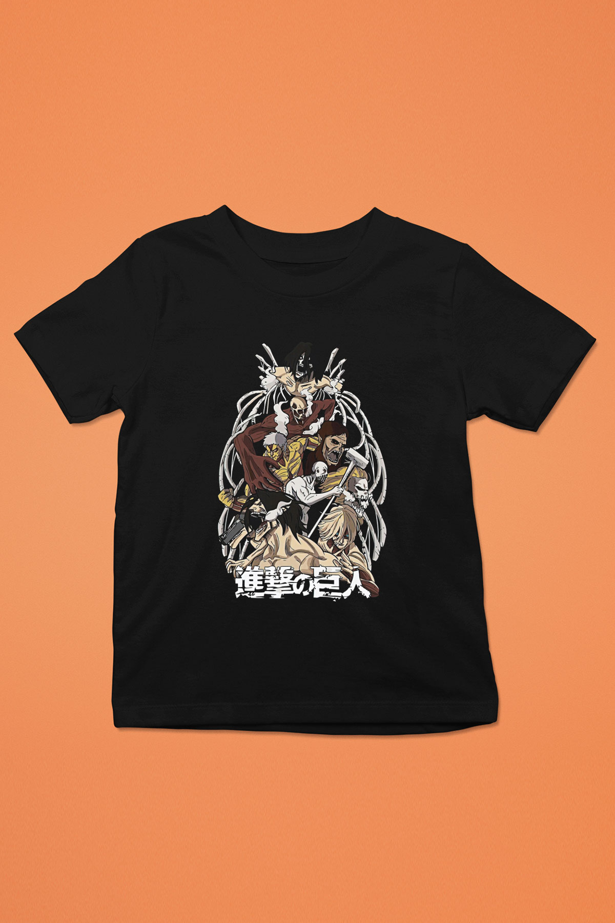 Attack On Titan Baskılı Unisex Siyah Çocuk Tişört - Tshirt