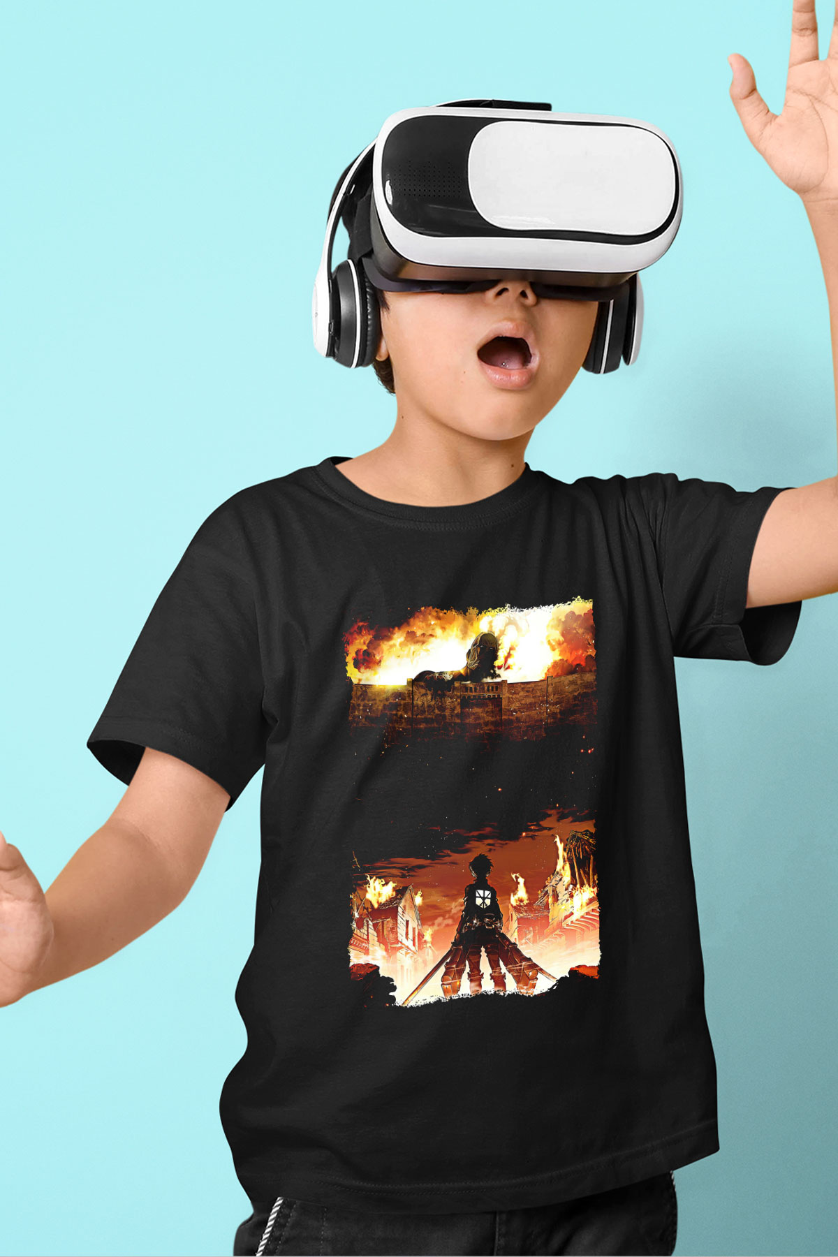 Attack On Titan Baskılı Unisex Siyah Çocuk Tişört - Tshirt