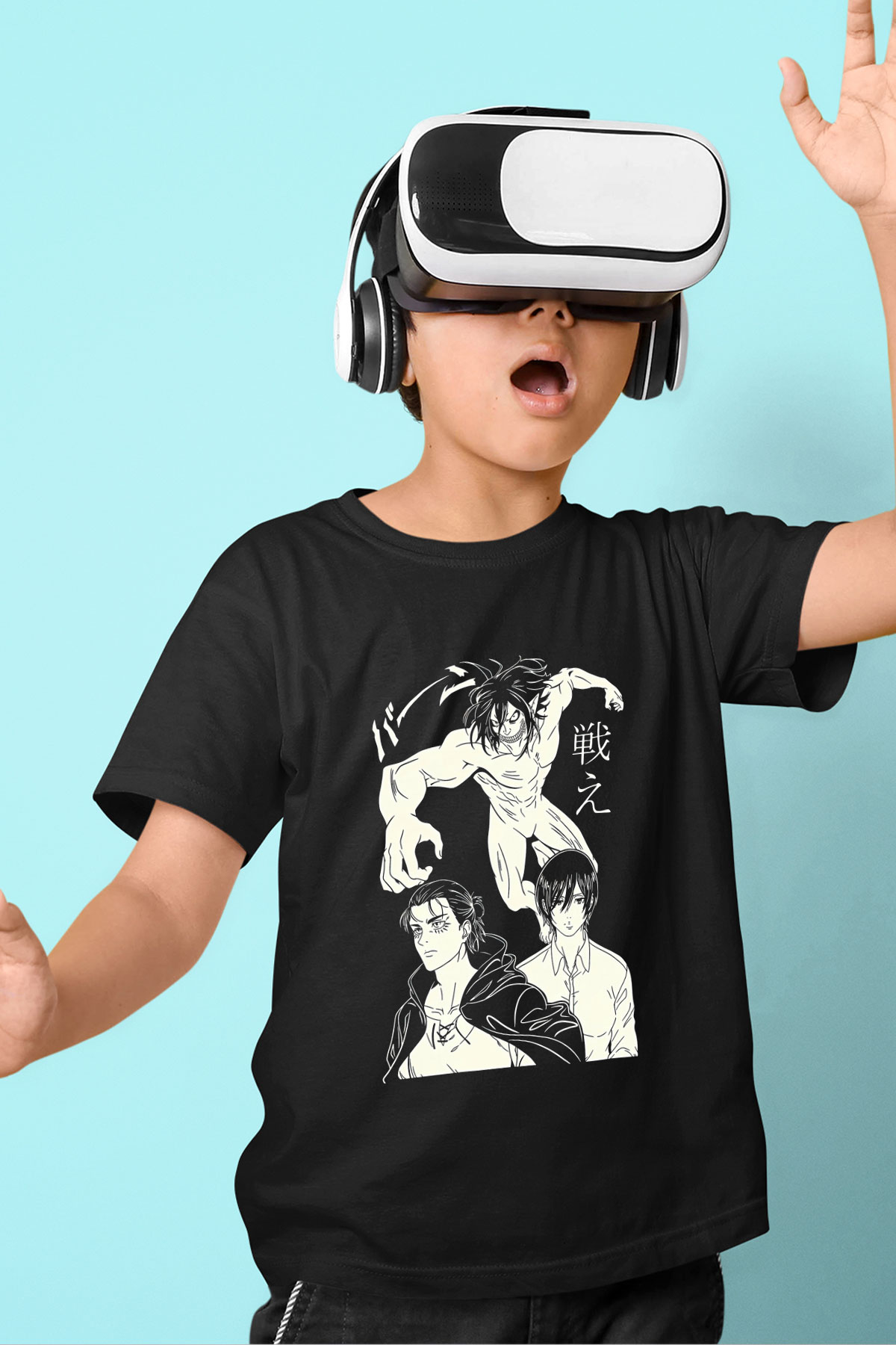Attack On Titan Baskılı Unisex Siyah Çocuk Tişört - Tshirt