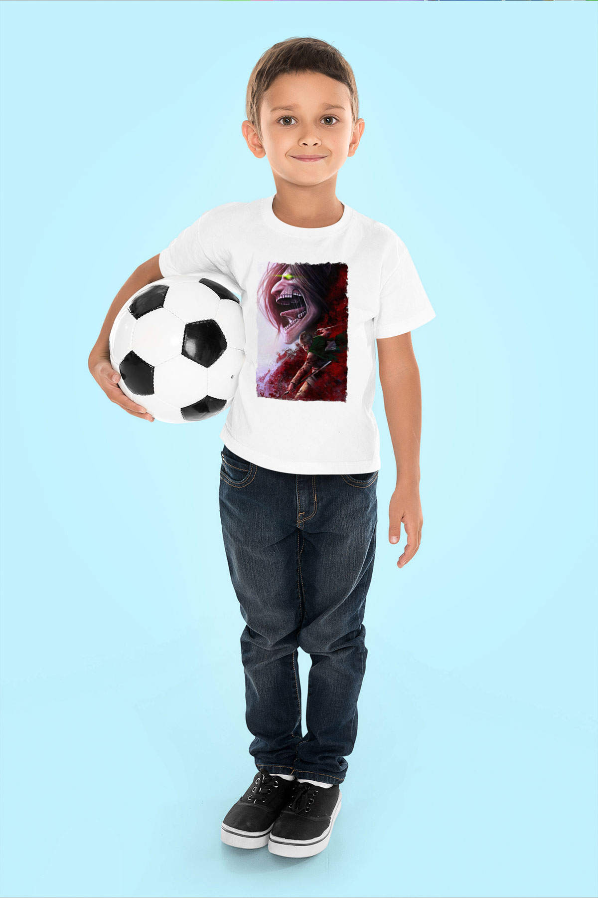 Attack On Titan Baskılı Unisex Siyah Çocuk Tişört - Tshirt