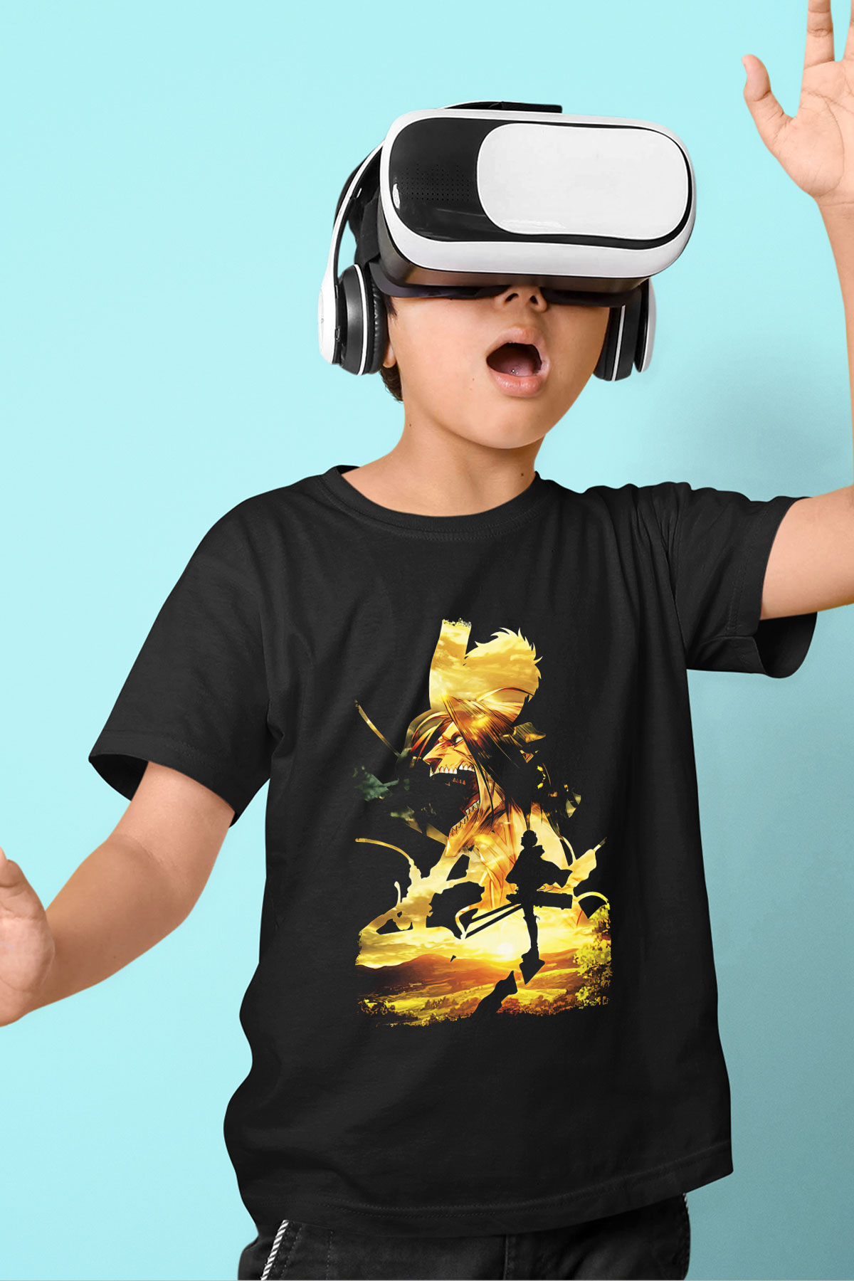 Attack On Titan Baskılı Unisex Siyah Çocuk Tişört - Tshirt