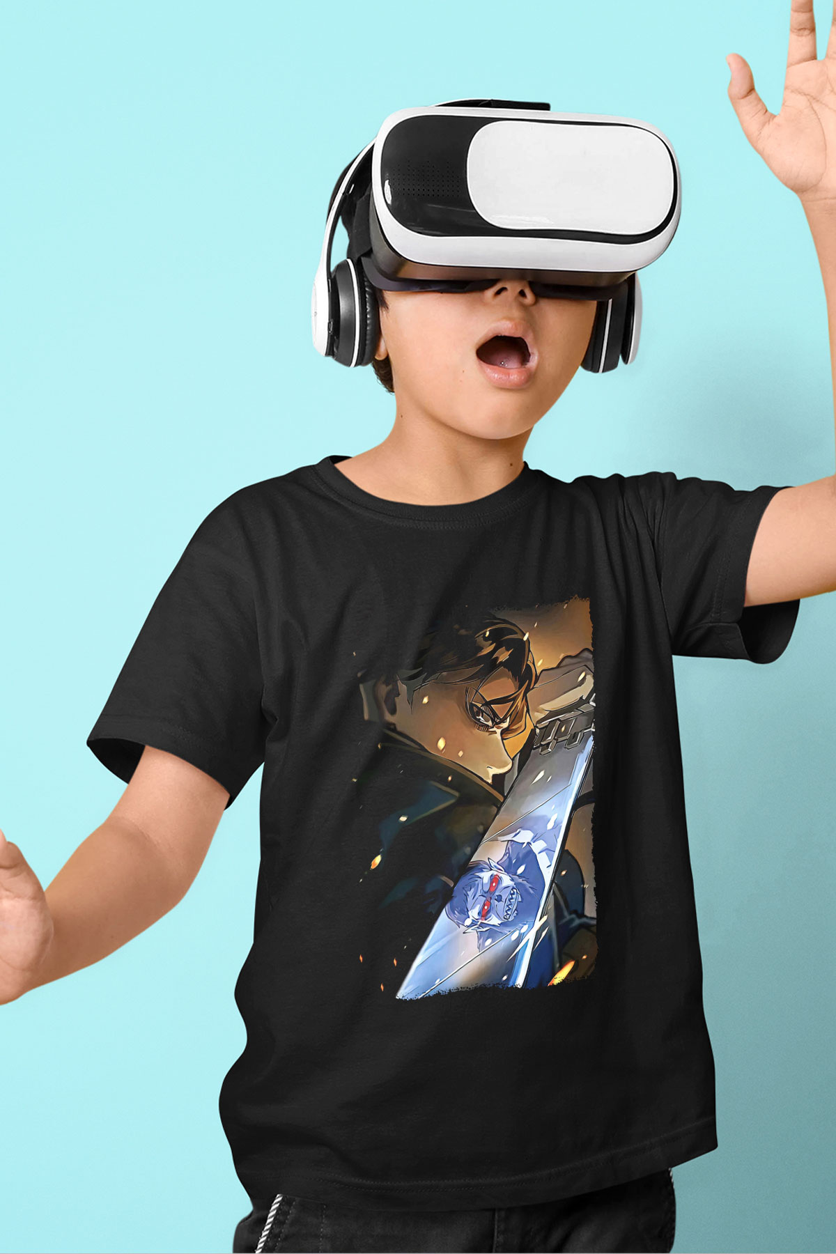 Attack On Titan Baskılı Unisex Siyah Çocuk Tişört - Tshirt