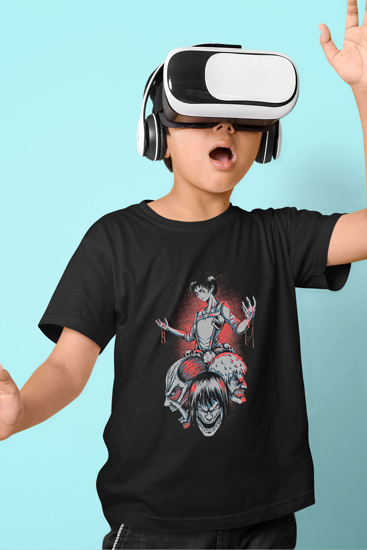Attack On Titan Baskılı Unisex Siyah Çocuk Tişört - Tshirt