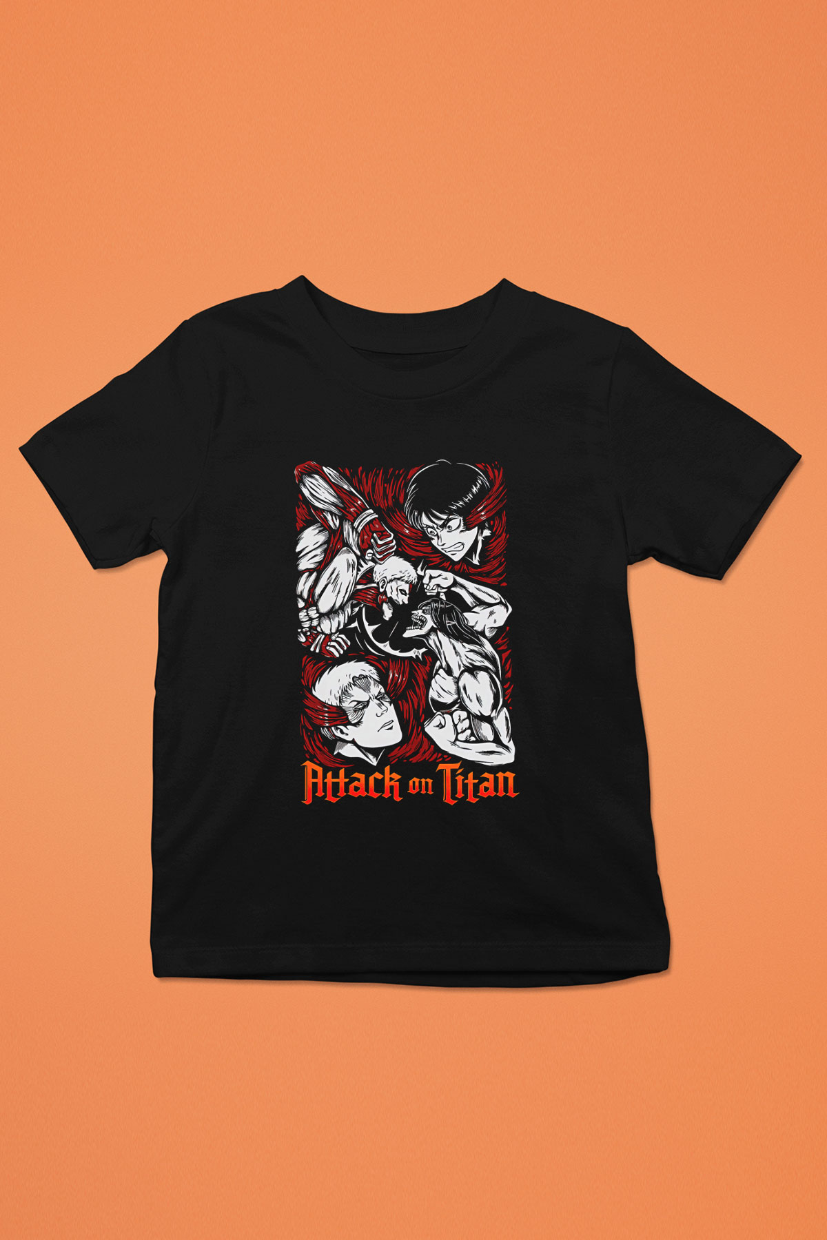 Attack On Titan Baskılı Unisex Siyah Çocuk Tişört - Tshirt