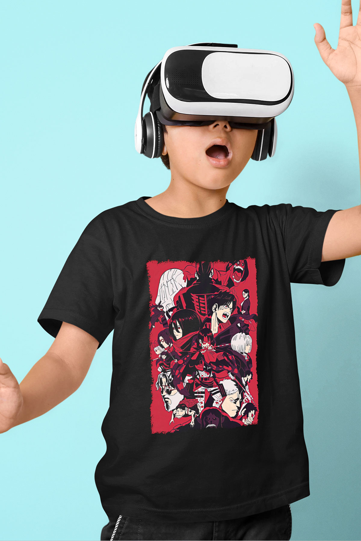 Attack On Titan Baskılı Unisex Siyah Çocuk Tişört - Tshirt
