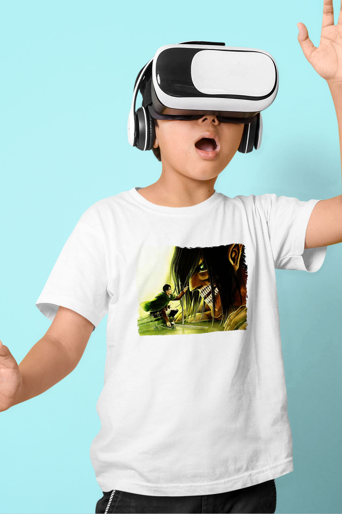 Attack On Titan Baskılı Unisex Siyah Çocuk Tişört - Tshirt