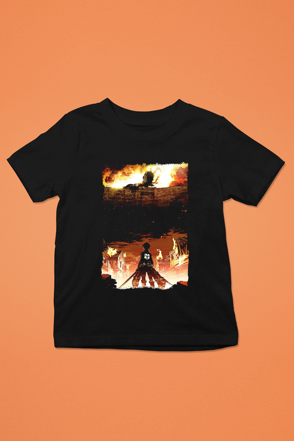 Attack On Titan Baskılı Unisex Siyah Çocuk Tişört - Tshirt