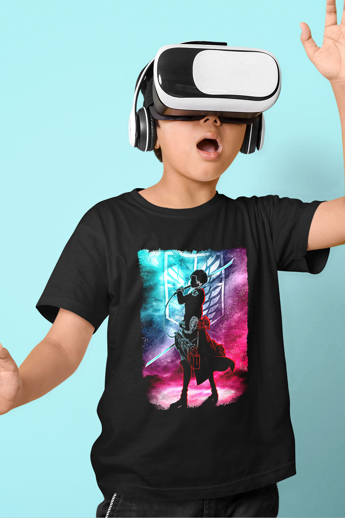 Attack On Titan Baskılı Unisex Siyah Çocuk Tişört - Tshirt