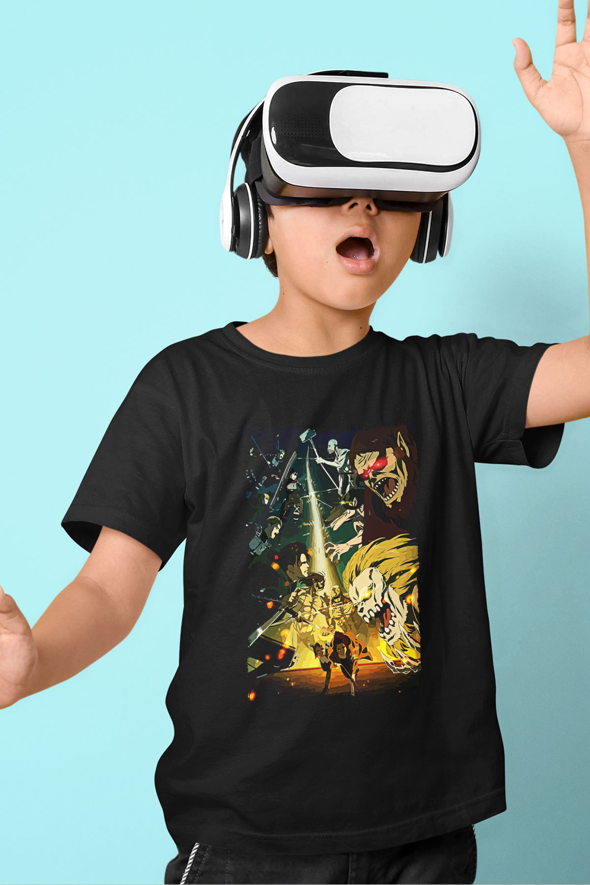 Attack On Titan Baskılı Unisex Siyah Çocuk Tişört - Tshirt
