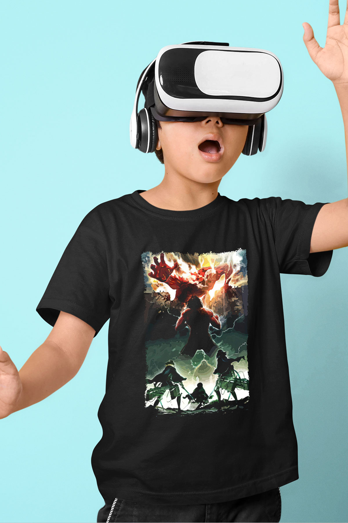 Attack On Titan Baskılı Unisex Siyah Çocuk Tişört - Tshirt