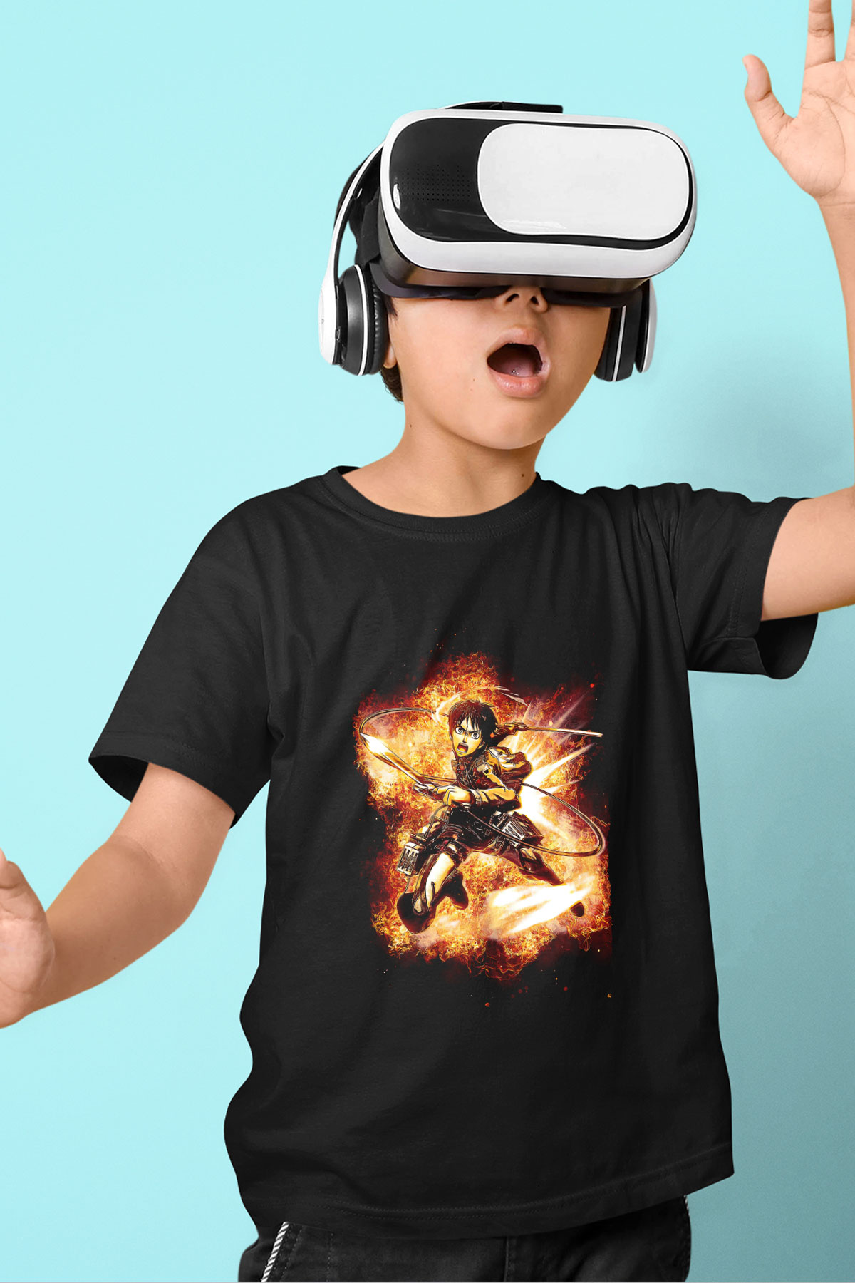 Attack On Titan Baskılı Unisex Siyah Çocuk Tişört - Tshirt