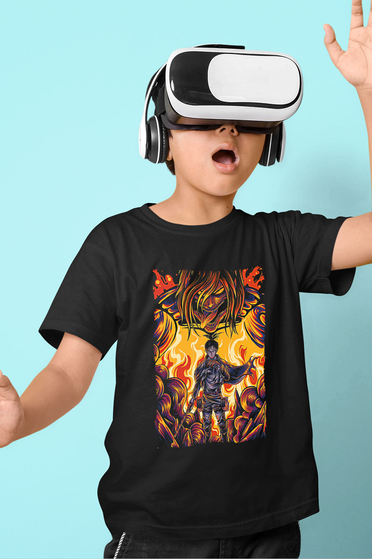 Attack On Titan Baskılı Unisex Siyah Çocuk Tişört - Tshirt
