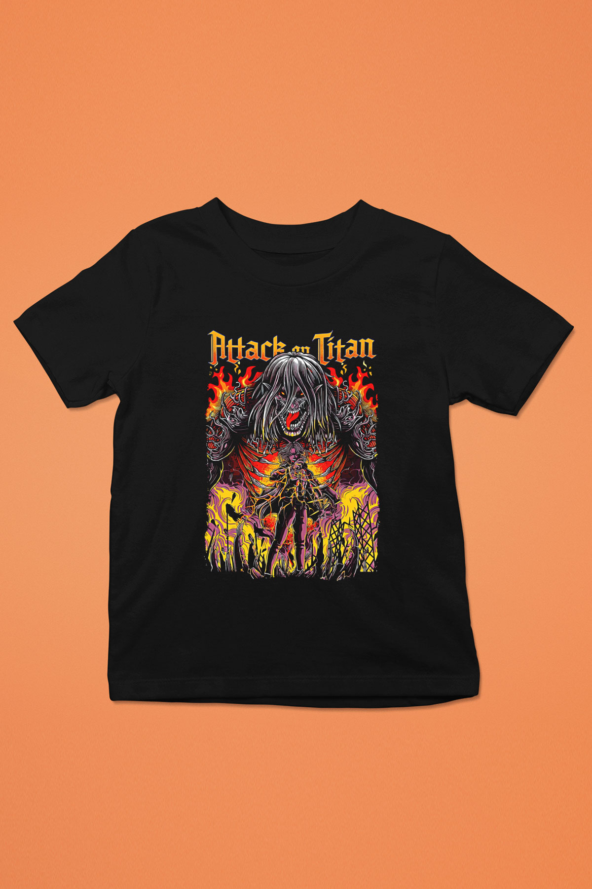 Attack On Titan Baskılı Unisex Siyah Çocuk Tişört - Tshirt