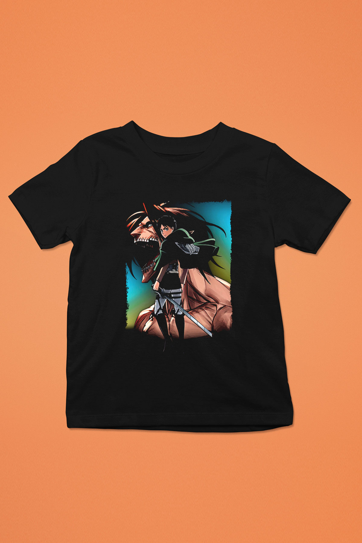 Attack On Titan Baskılı Unisex Siyah Çocuk Tişört - Tshirt