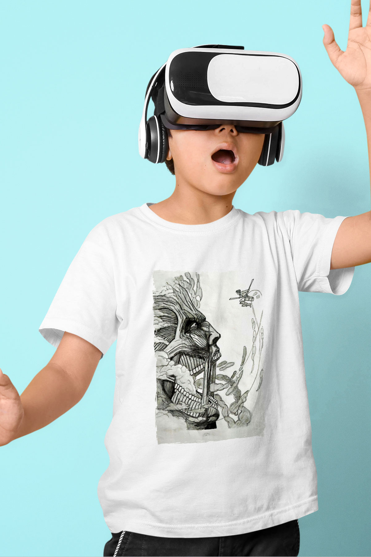 Attack On Titan Baskılı Unisex Siyah Çocuk Tişört - Tshirt