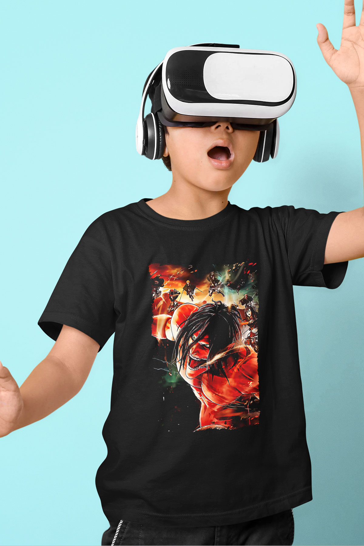 Attack On Titan Baskılı Unisex Siyah Çocuk Tişört - Tshirt