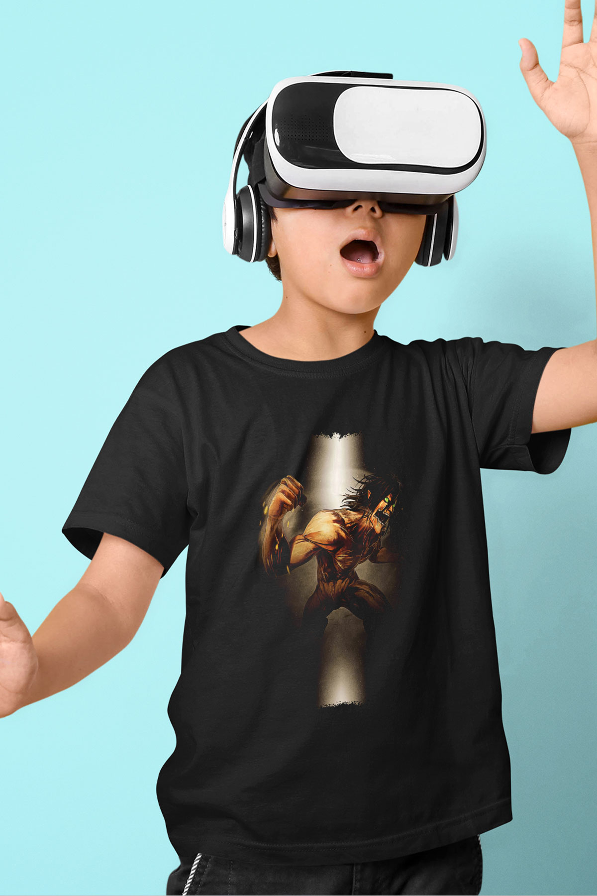 Attack On Titan Baskılı Unisex Siyah Çocuk Tişört - Tshirt