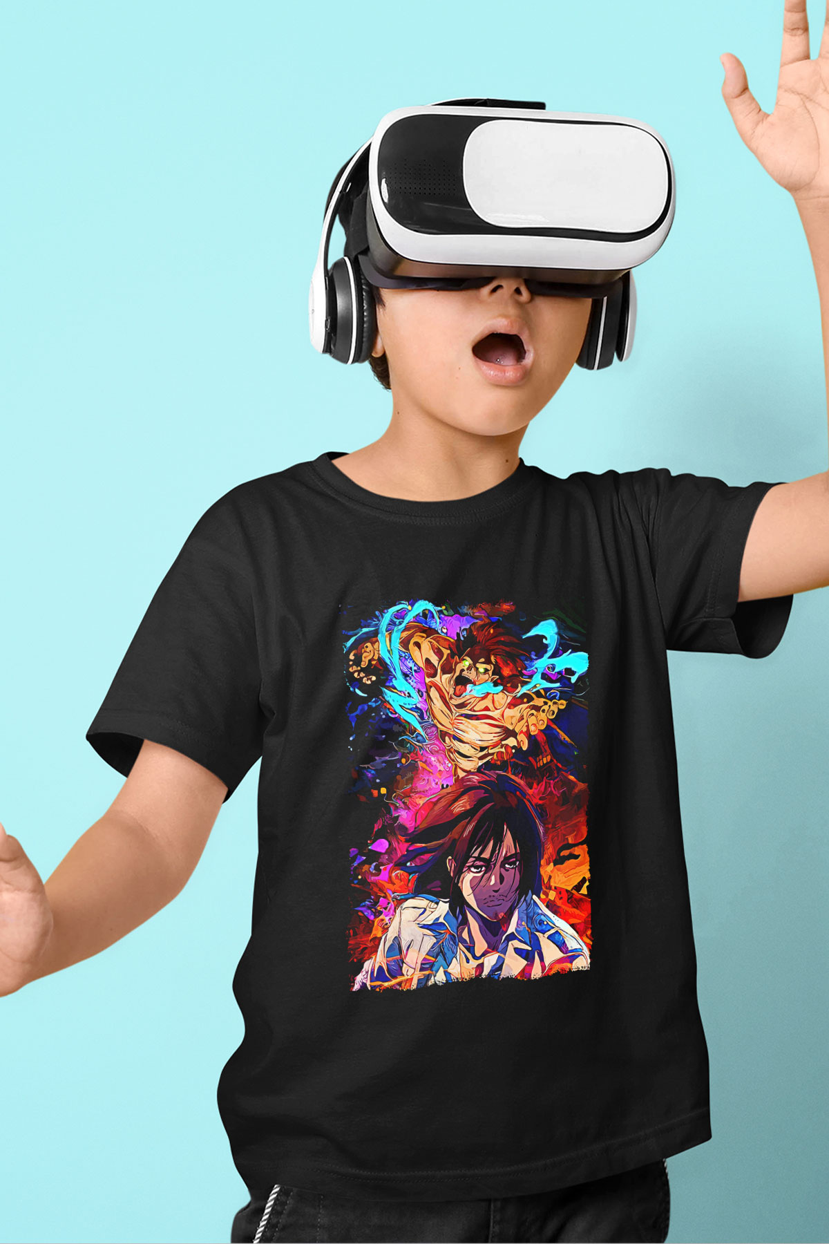 Attack On Titan Baskılı Unisex Siyah Çocuk Tişört - Tshirt
