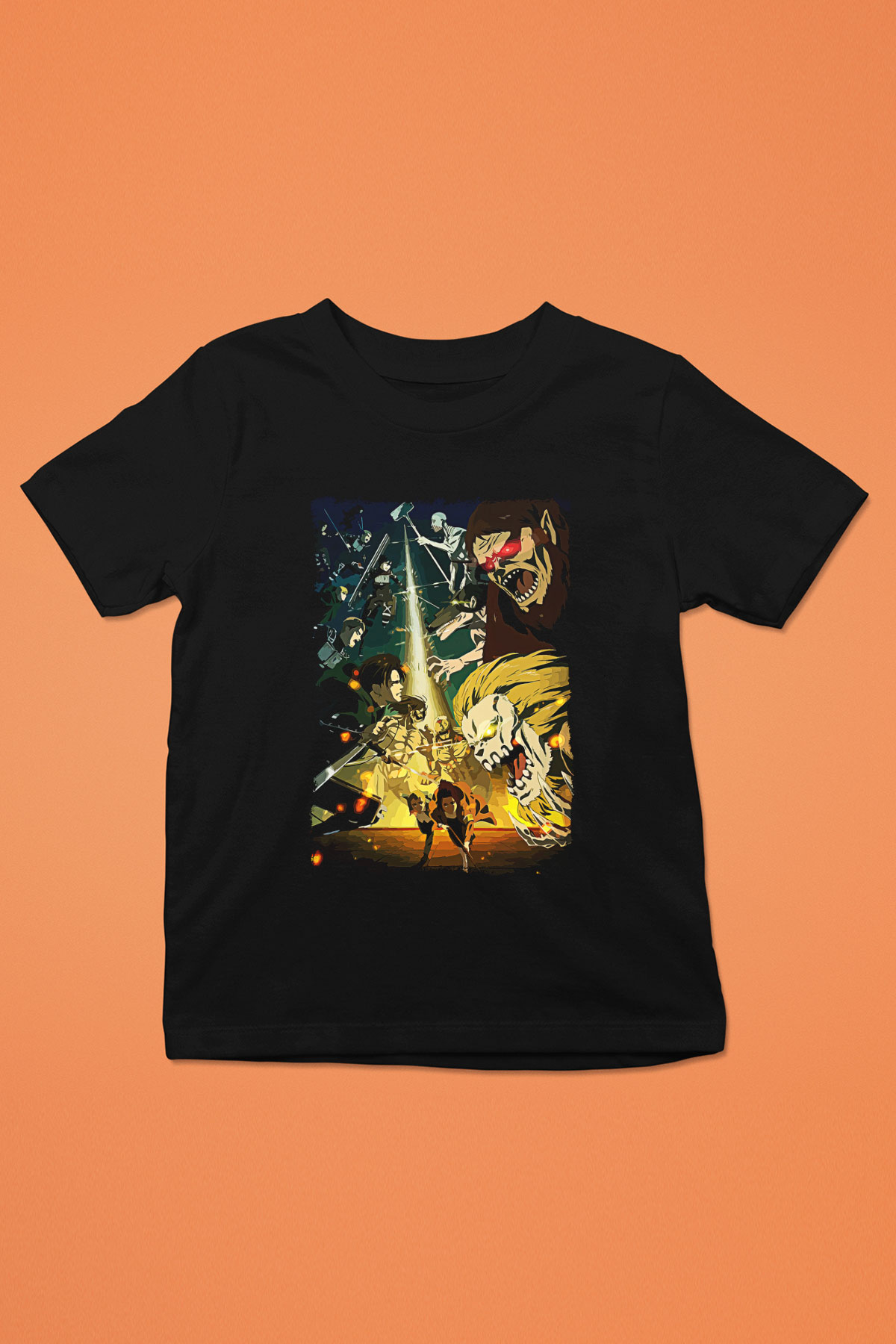 Attack On Titan Baskılı Unisex Siyah Çocuk Tişört - Tshirt