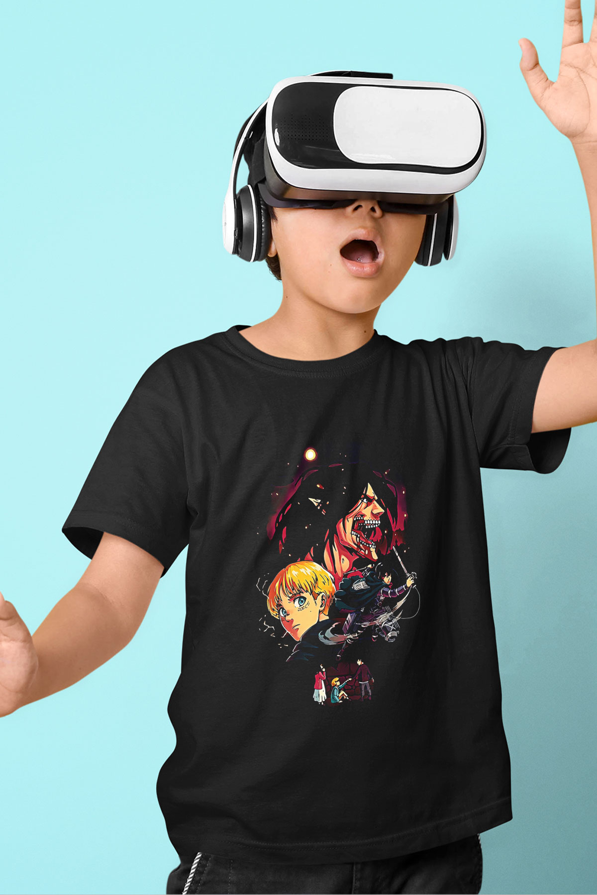 Attack On Titan Baskılı Unisex Siyah Çocuk Tişört - Tshirt