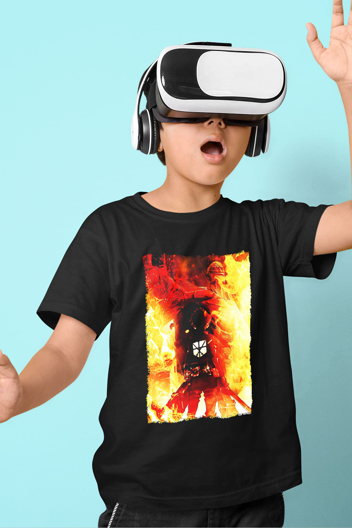 Attack On Titan Baskılı Unisex Siyah Çocuk Tişört - Tshirt