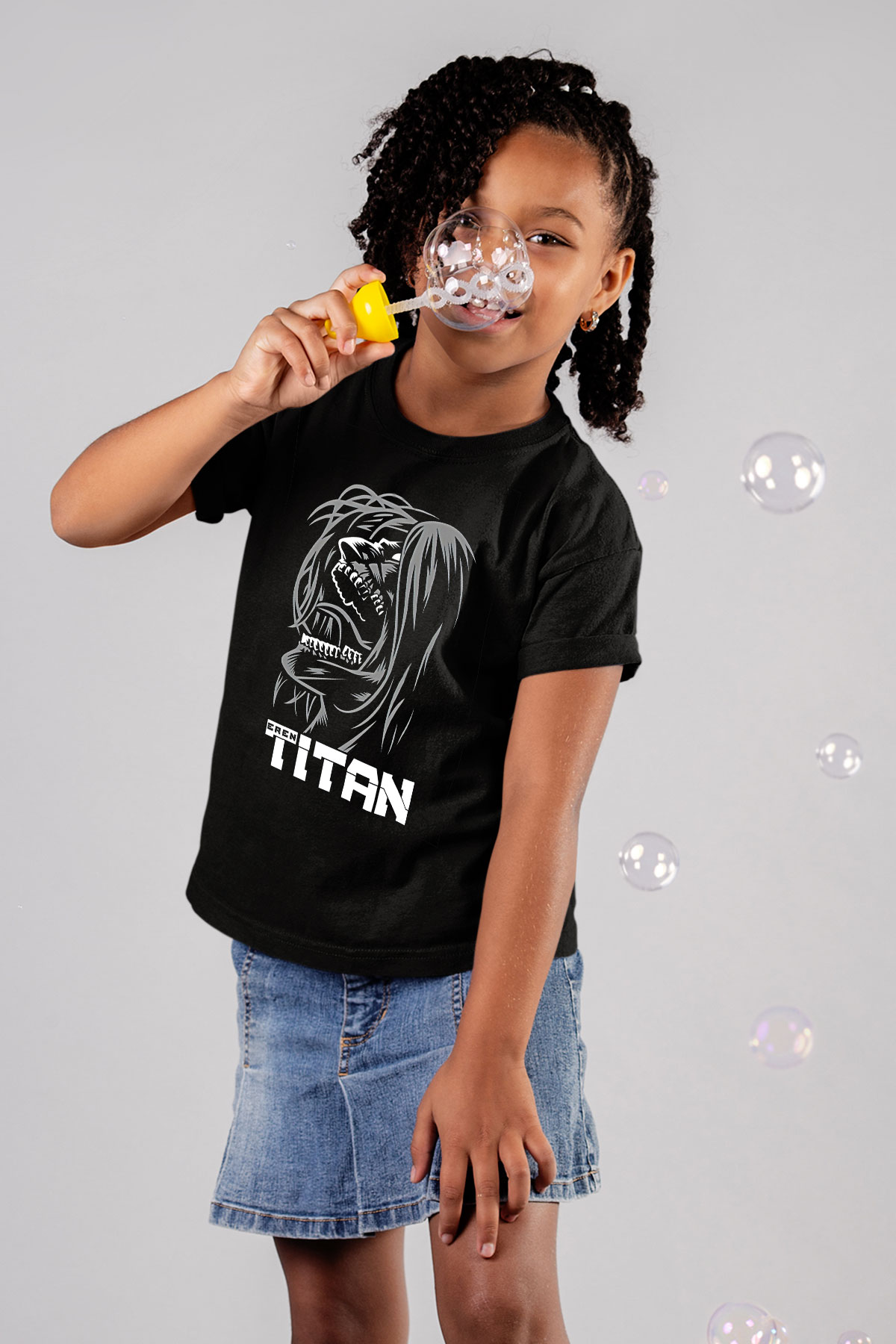 Attack On Titan Baskılı Unisex Siyah Çocuk Tişört - Tshirt