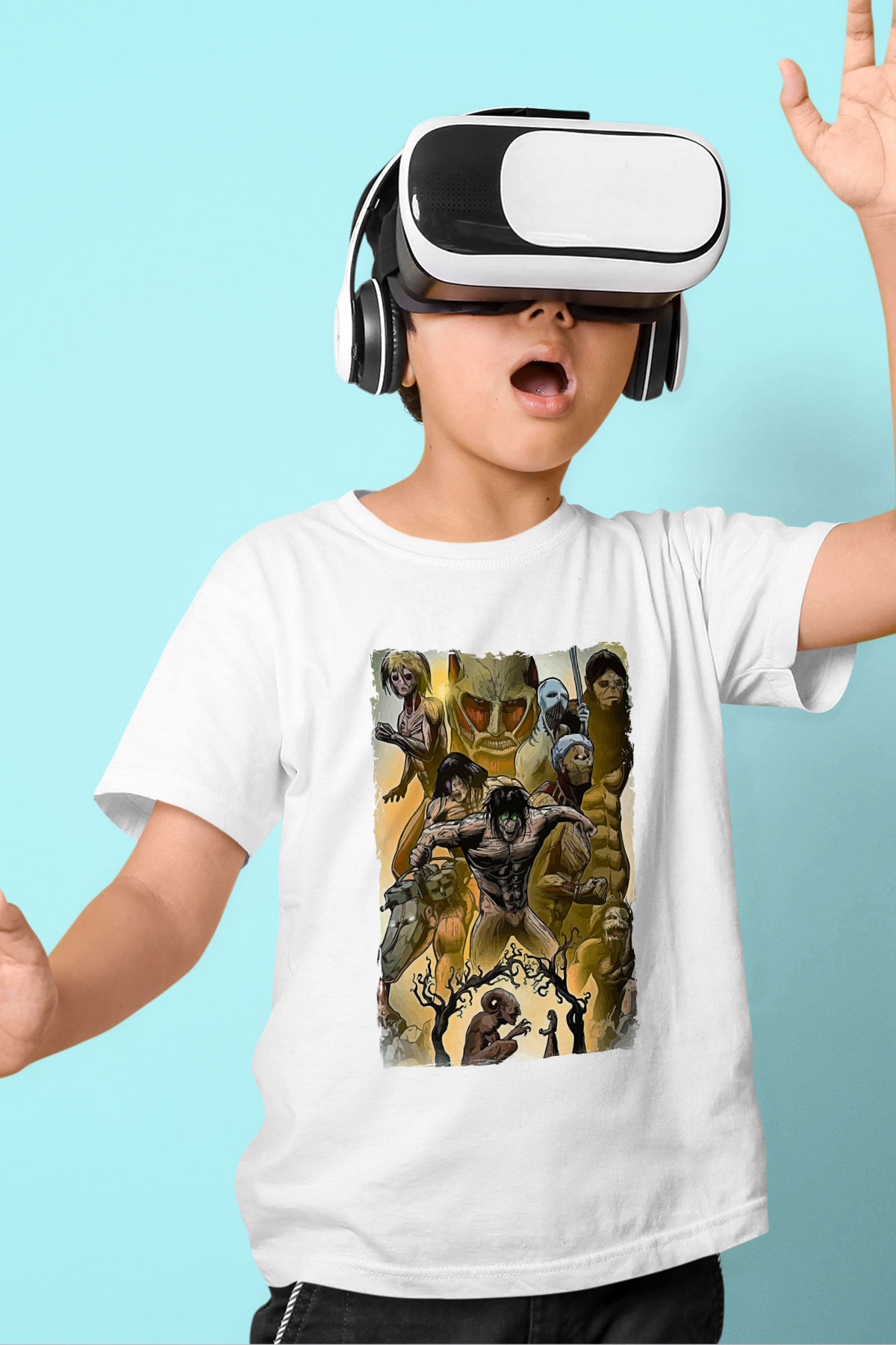 Attack On Titan Baskılı Unisex Siyah Çocuk Tişört - Tshirt