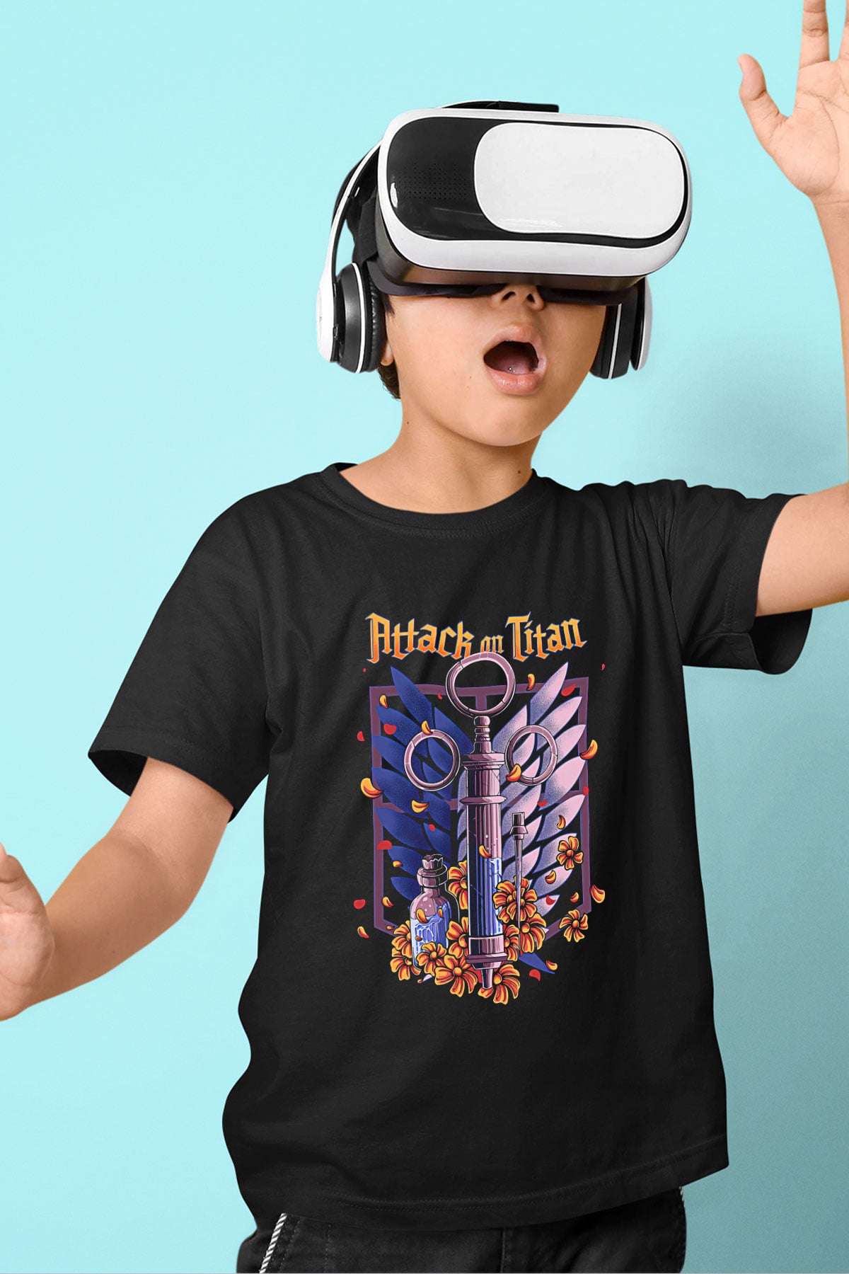 Attack On Titan Baskılı Unisex Siyah Çocuk Tişört - Tshirt