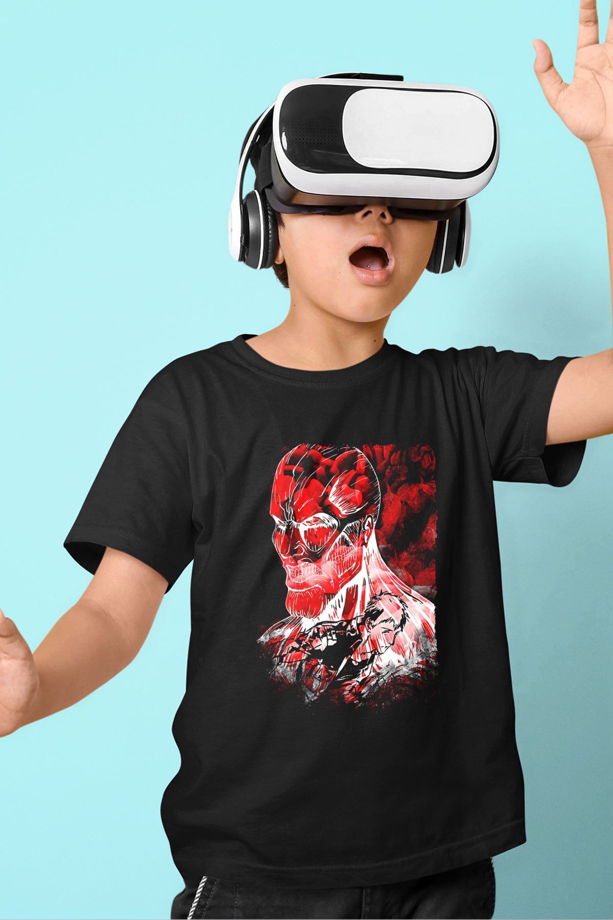 Attack On Titan Baskılı Unisex Siyah Çocuk Tişört - Tshirt