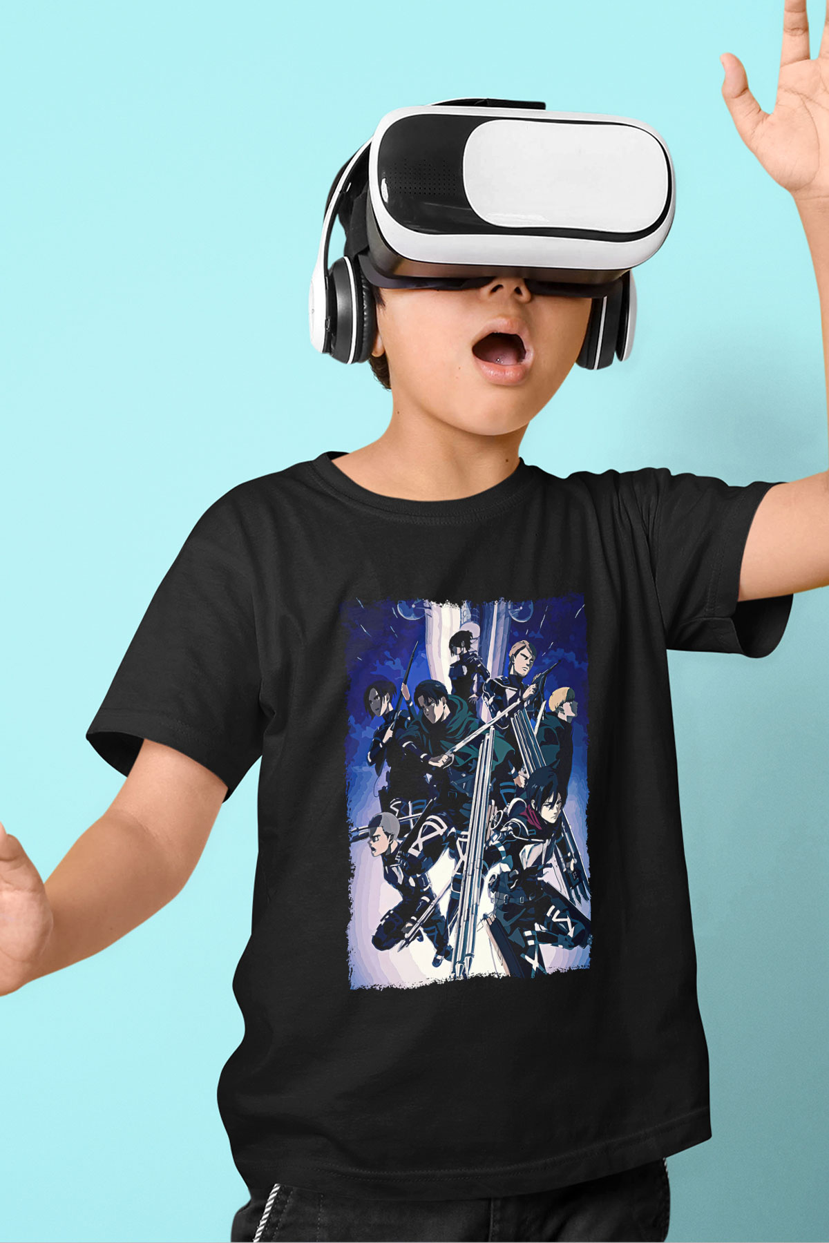 Attack On Titan Baskılı Unisex Siyah Çocuk Tişört - Tshirt