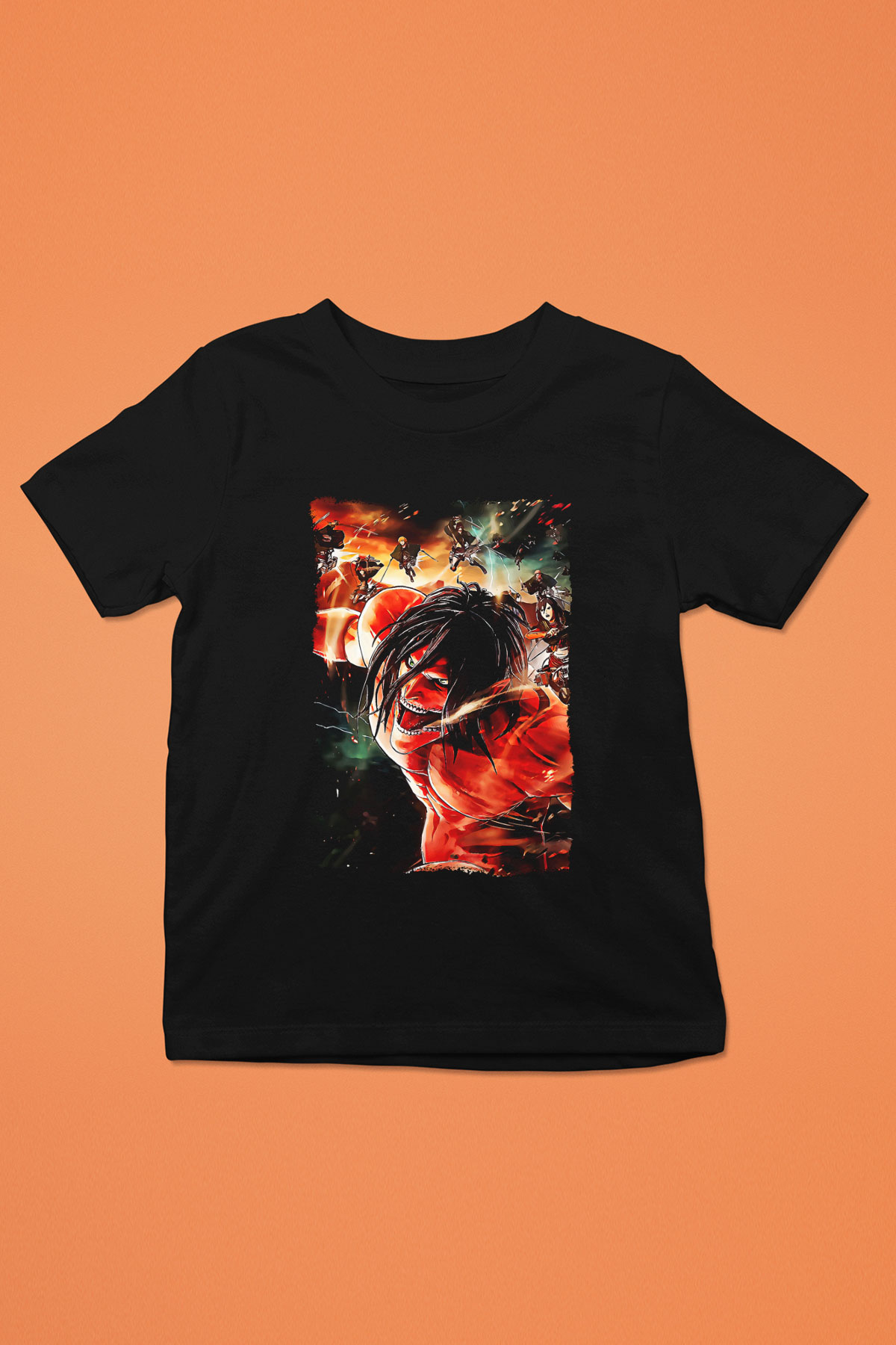 Attack On Titan Baskılı Unisex Siyah Çocuk Tişört - Tshirt