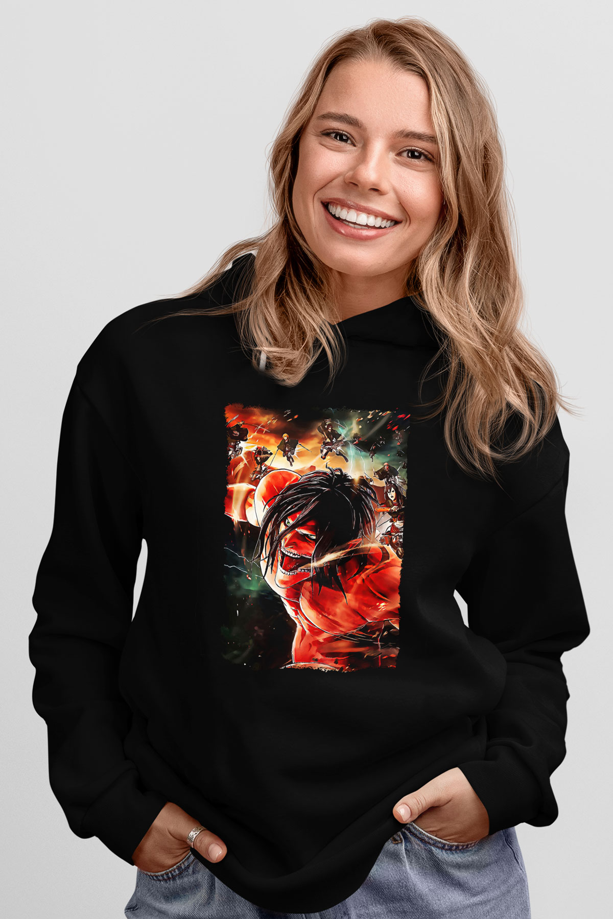 Attack On Titan Baskılı Unisex Siyah Hoodie