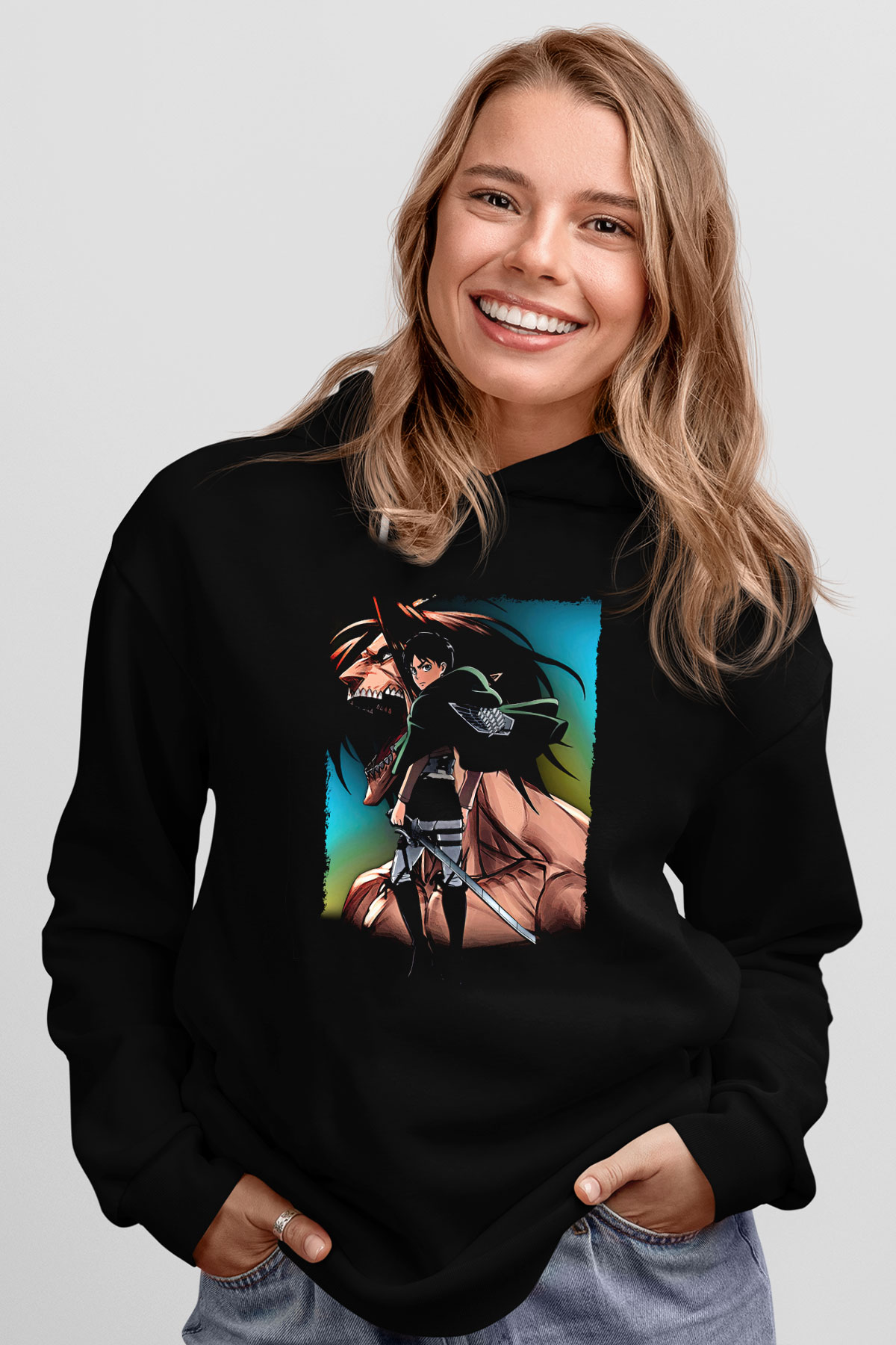Attack On Titan Baskılı Unisex Siyah Hoodie