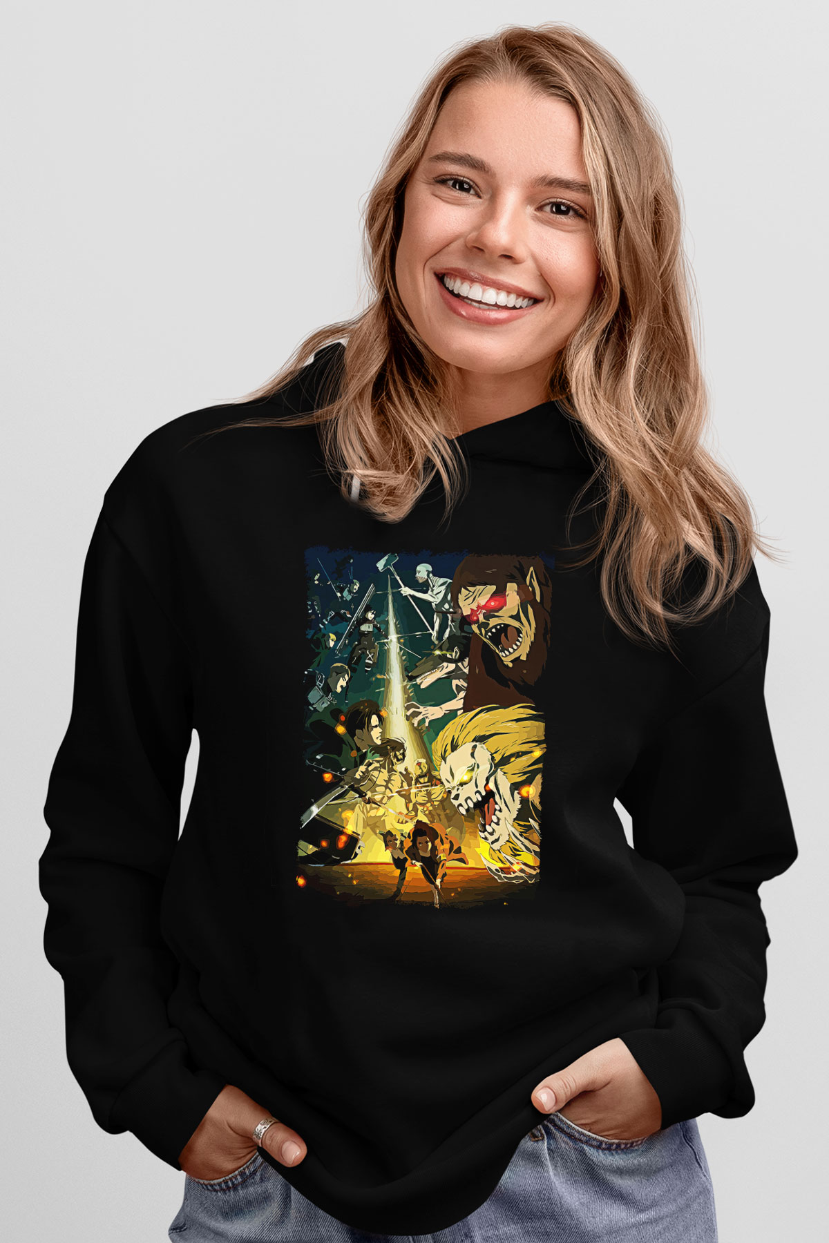 Attack On Titan Baskılı Unisex Siyah Hoodie