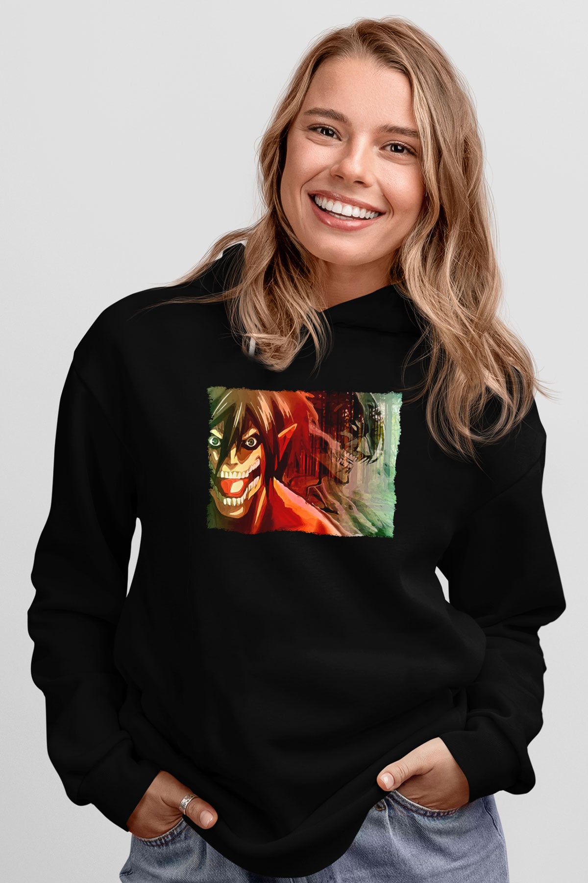 Attack On Titan Baskılı Unisex Siyah Hoodie