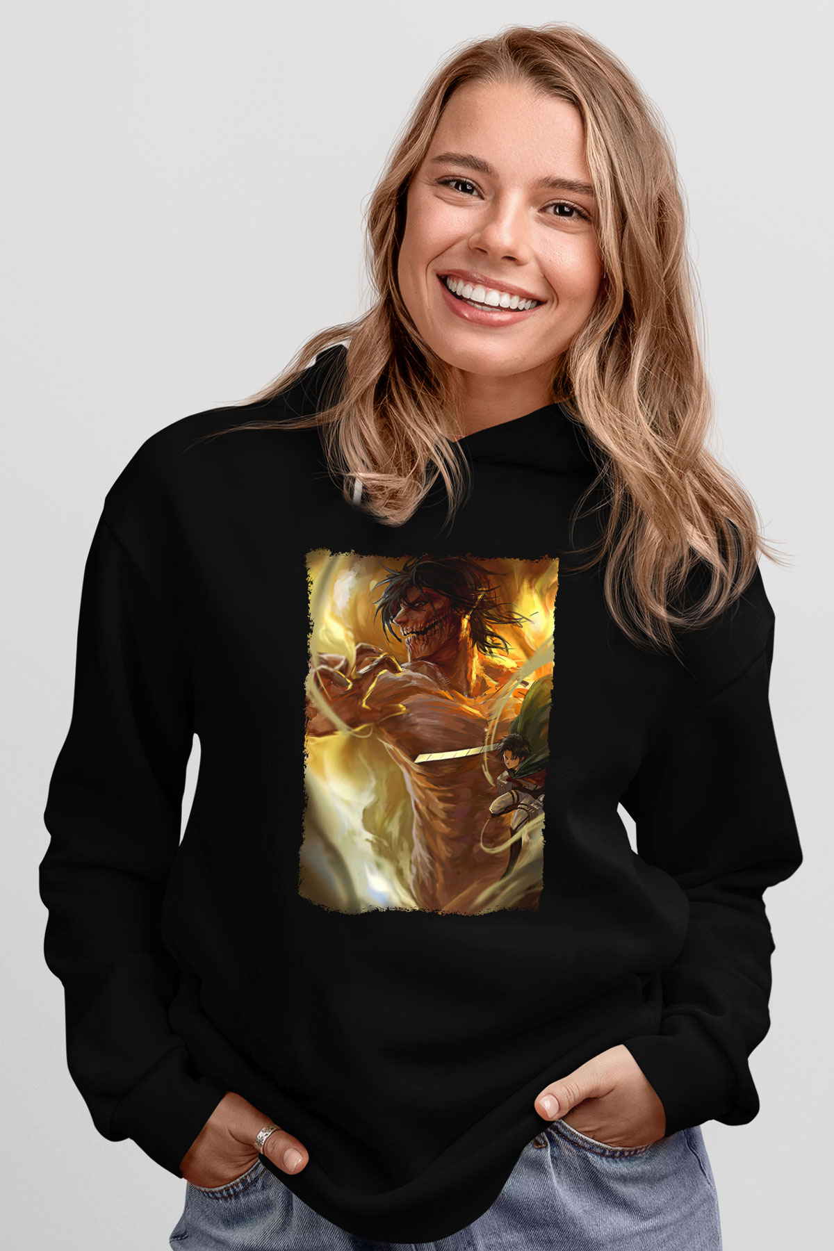 Attack On Titan Baskılı Unisex Siyah Hoodie