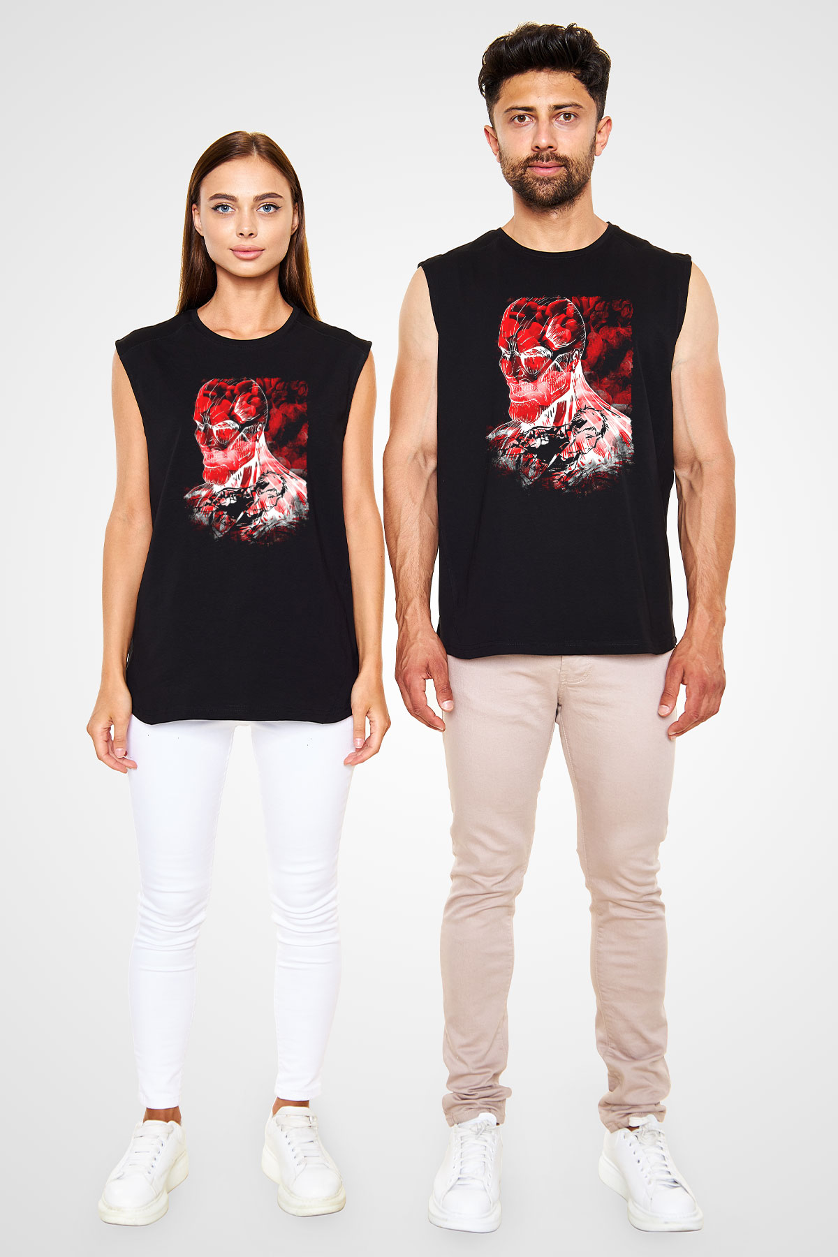 Attack On Titan Baskılı Unisex Siyah Kolsuz Tişört - Tshirt