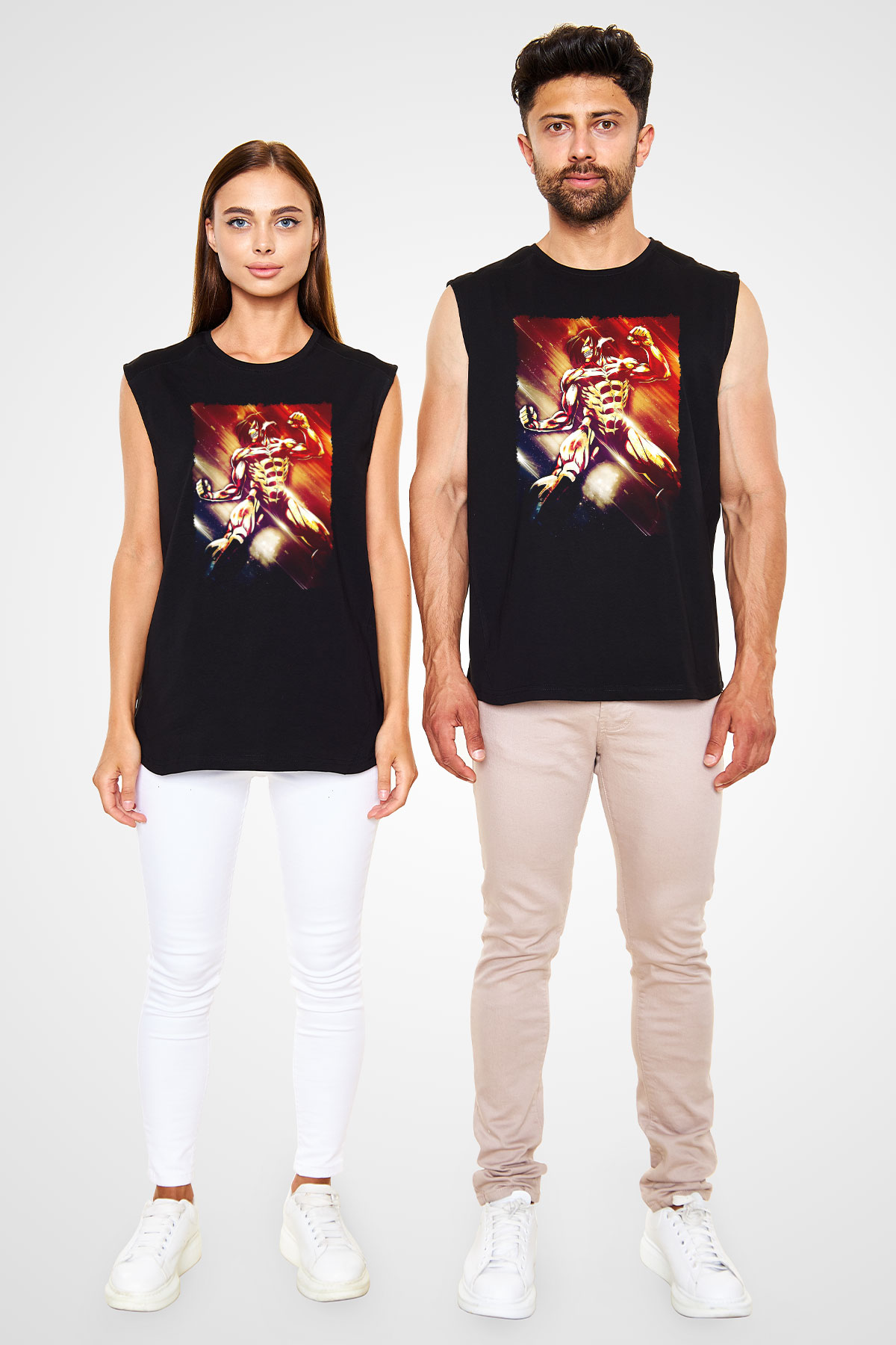 Attack On Titan Baskılı Unisex Siyah Kolsuz Tişört - Tshirt