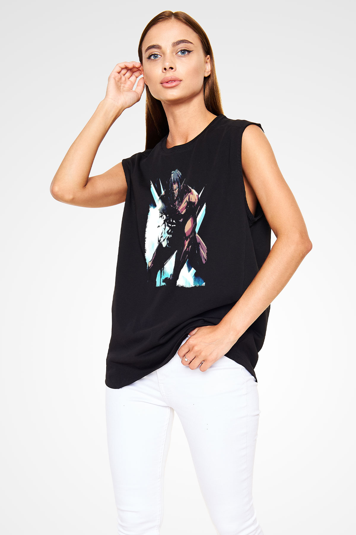 Attack On Titan Baskılı Unisex Siyah Kolsuz Tişört - Tshirt