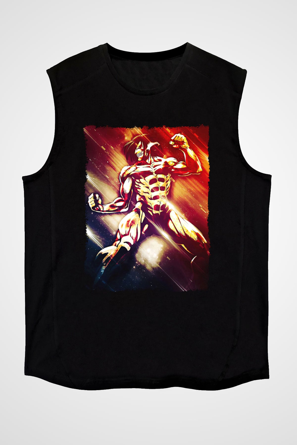 Attack On Titan Baskılı Unisex Siyah Kolsuz Tişört - Tshirt