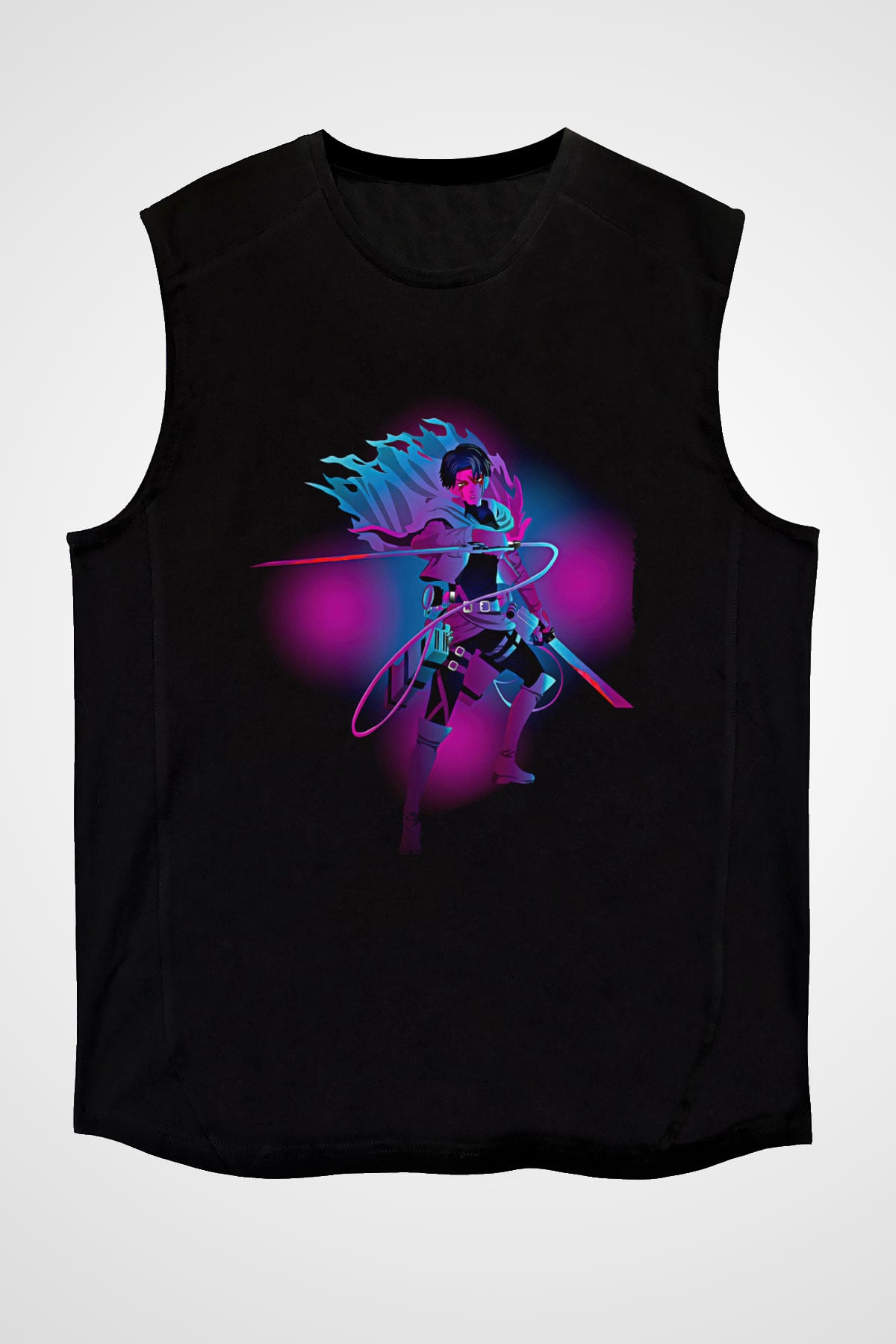 Attack On Titan Baskılı Unisex Siyah Kolsuz Tişört - Tshirt