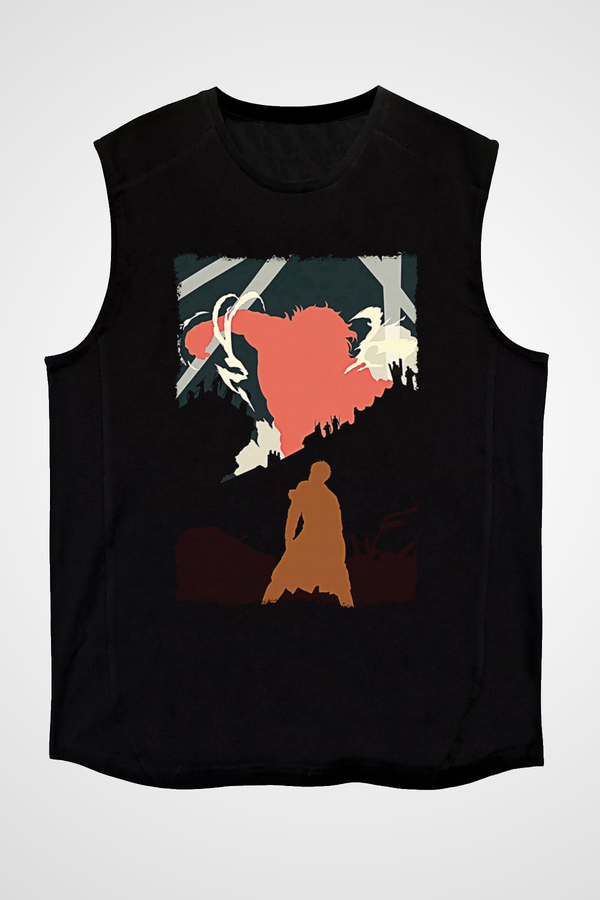Attack On Titan Baskılı Unisex Siyah Kolsuz Tişört - Tshirt