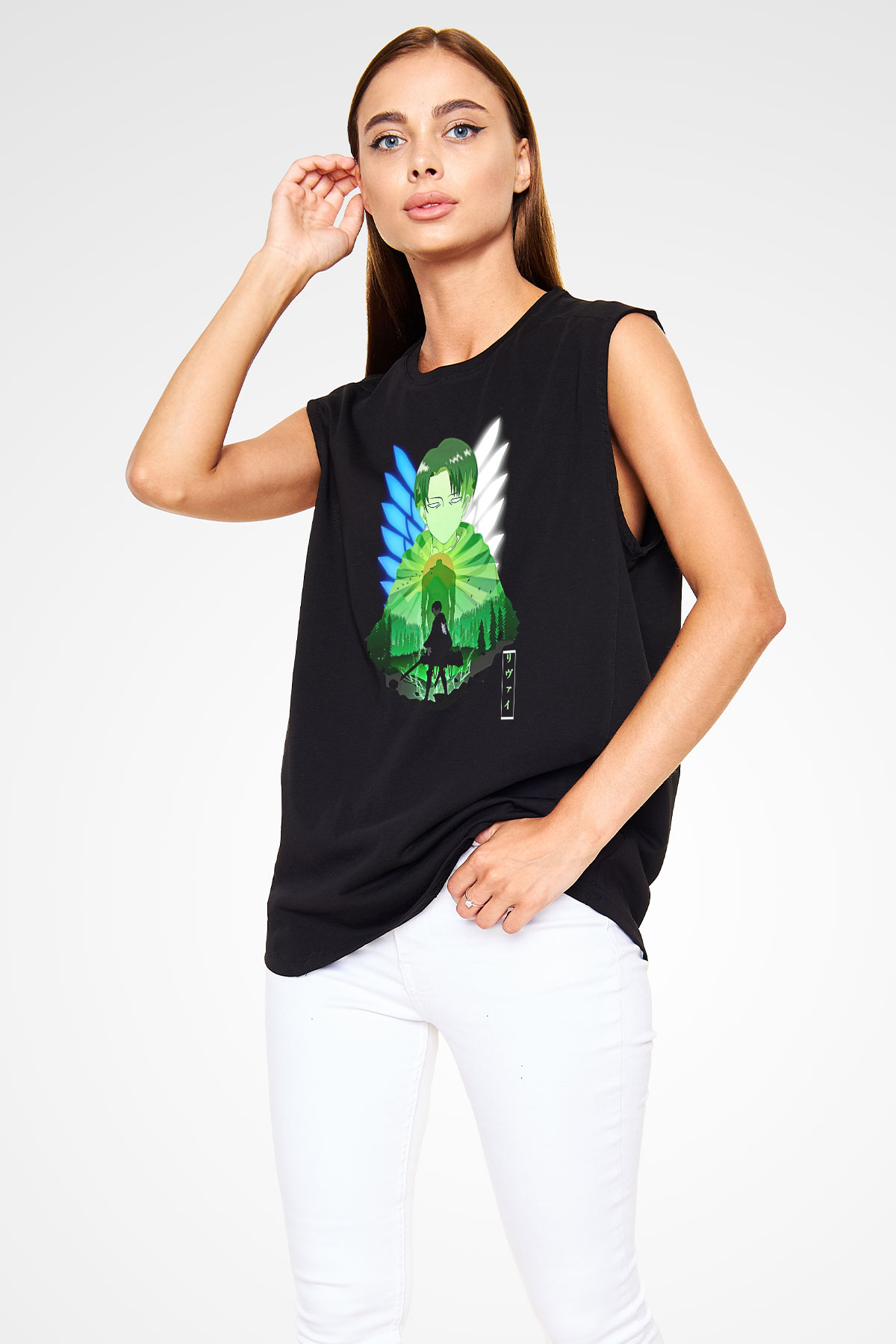 Attack On Titan Baskılı Unisex Siyah Kolsuz Tişört - Tshirt