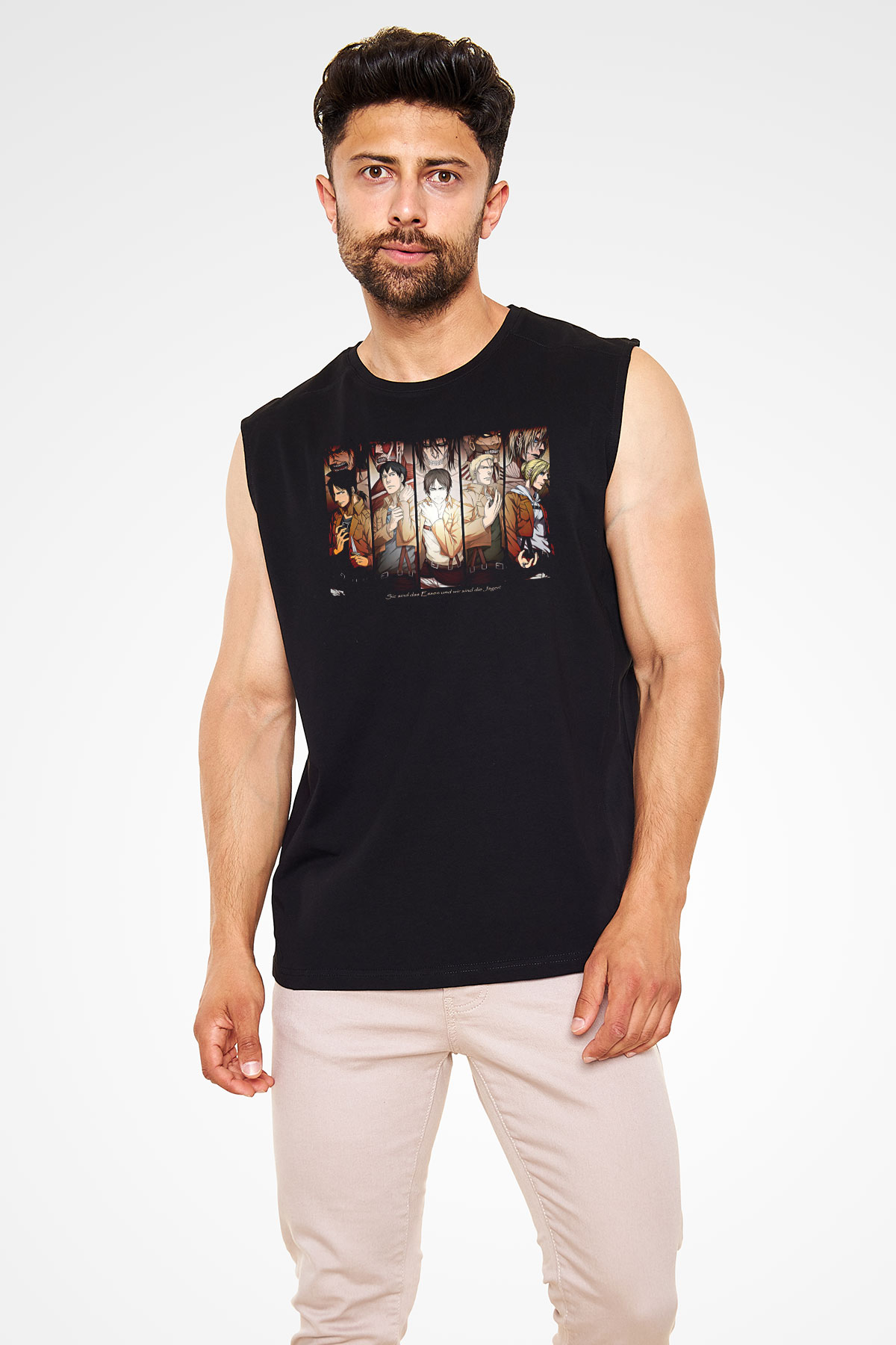Attack On Titan Baskılı Unisex Siyah Kolsuz Tişört - Tshirt