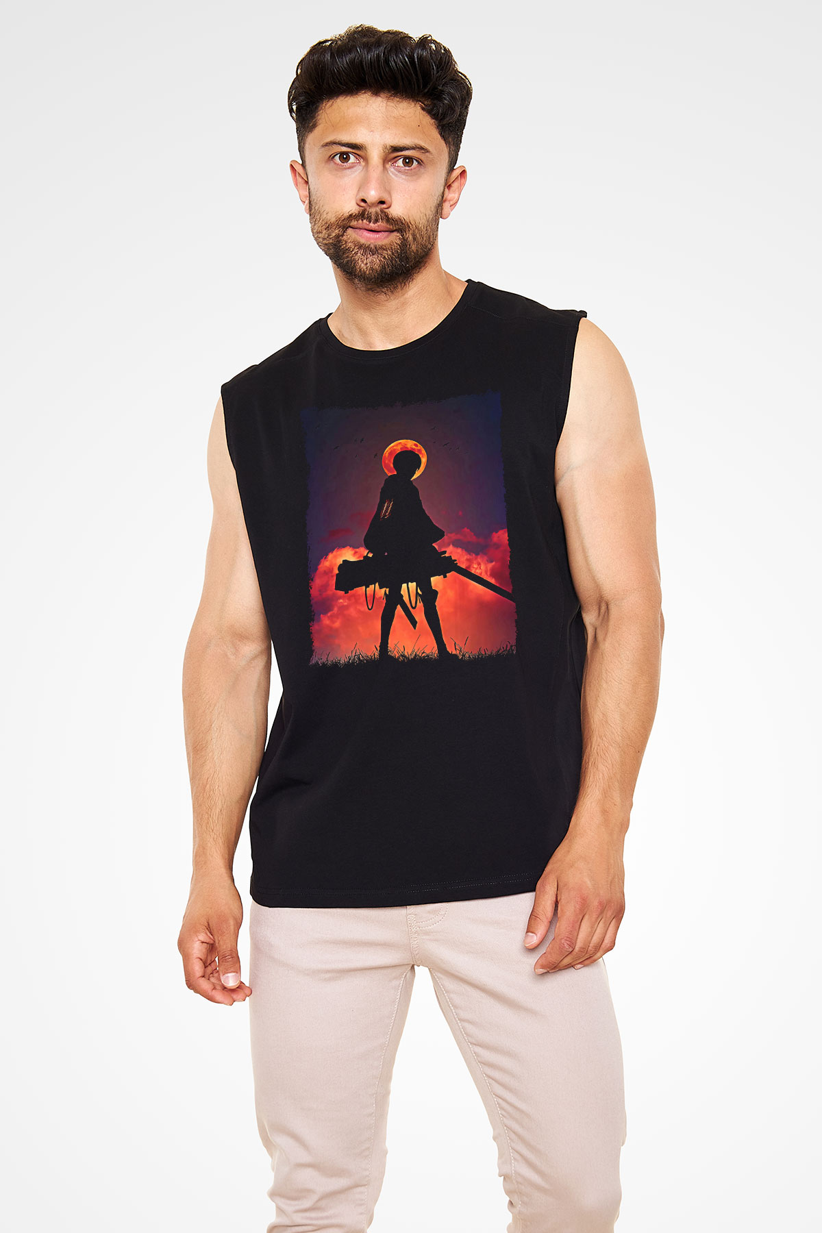 Attack On Titan Baskılı Unisex Siyah Kolsuz Tişört - Tshirt
