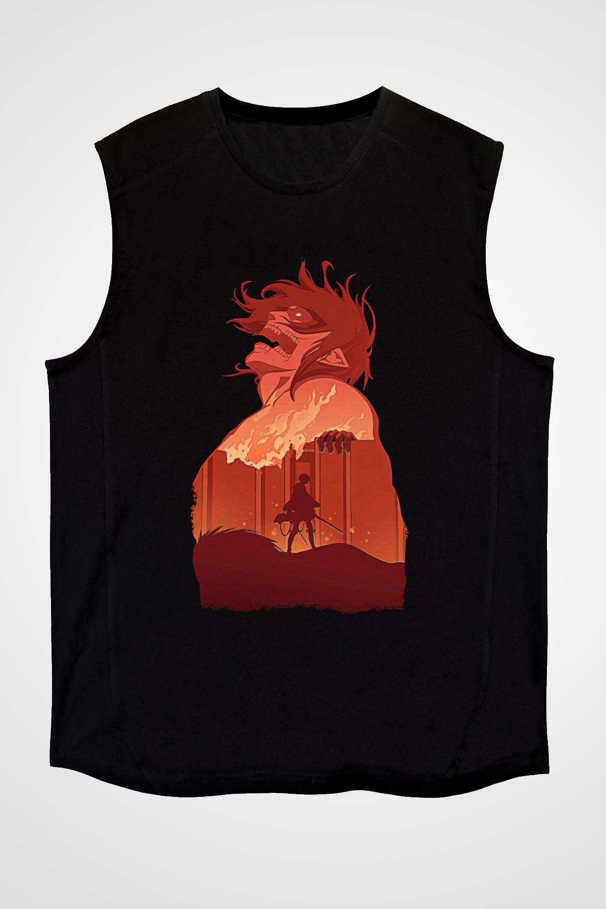 Attack On Titan Baskılı Unisex Siyah Kolsuz Tişört - Tshirt