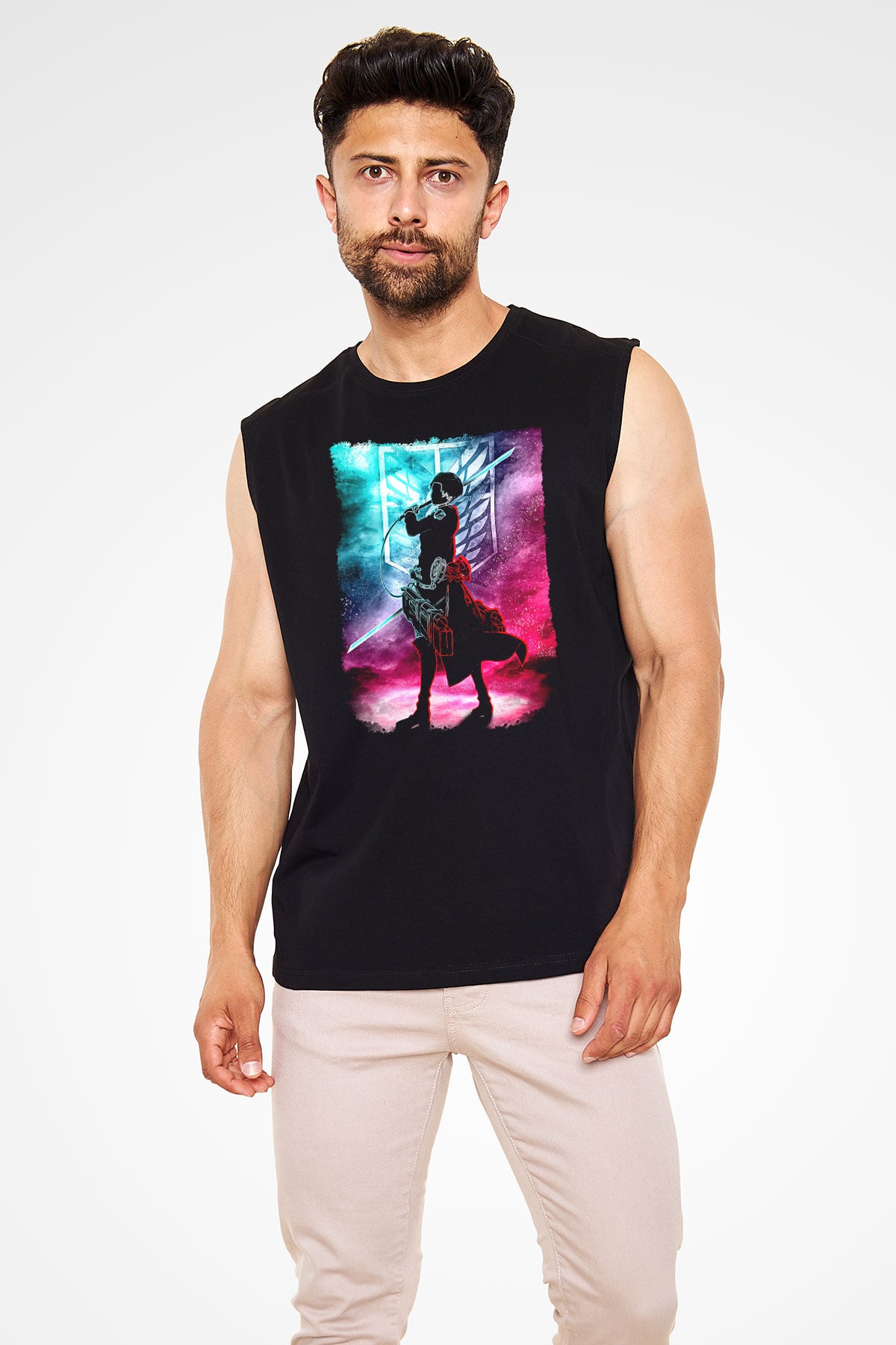 Attack On Titan Baskılı Unisex Siyah Kolsuz Tişört - Tshirt